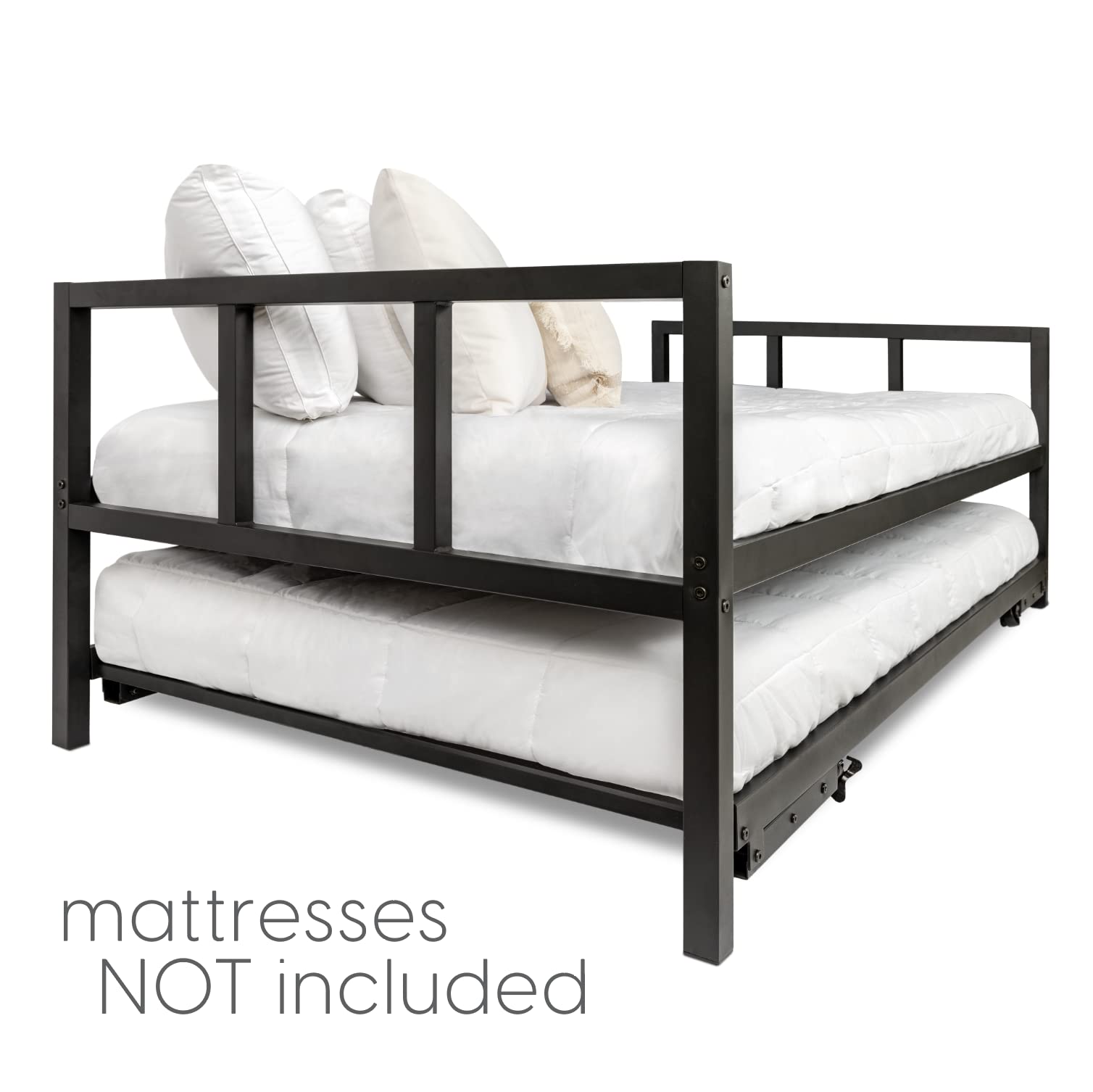 Milliard Twin Size Daybed with Fold-Up Trundle - Black Metal Frame Bed for Guest Room & Small Spaces (Mattress Not Included) - Perfect for Sleepovers, Dorm Rooms & Home Offices