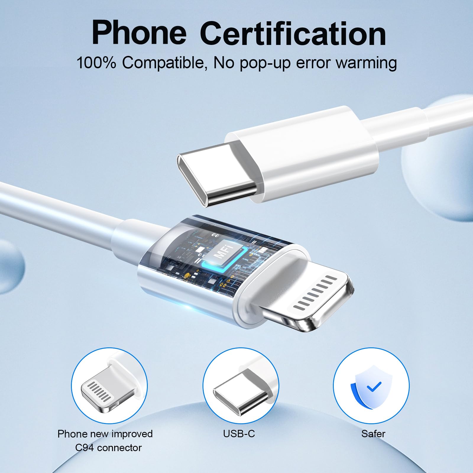 20W USB C Fast Charger with 3-Pack 10FT USB C to Lightning Cable - Compatible with iPhone 14/13/12/12 Pro Max/11/XS Max/XR - Quick Charging for Home, Office & Travel