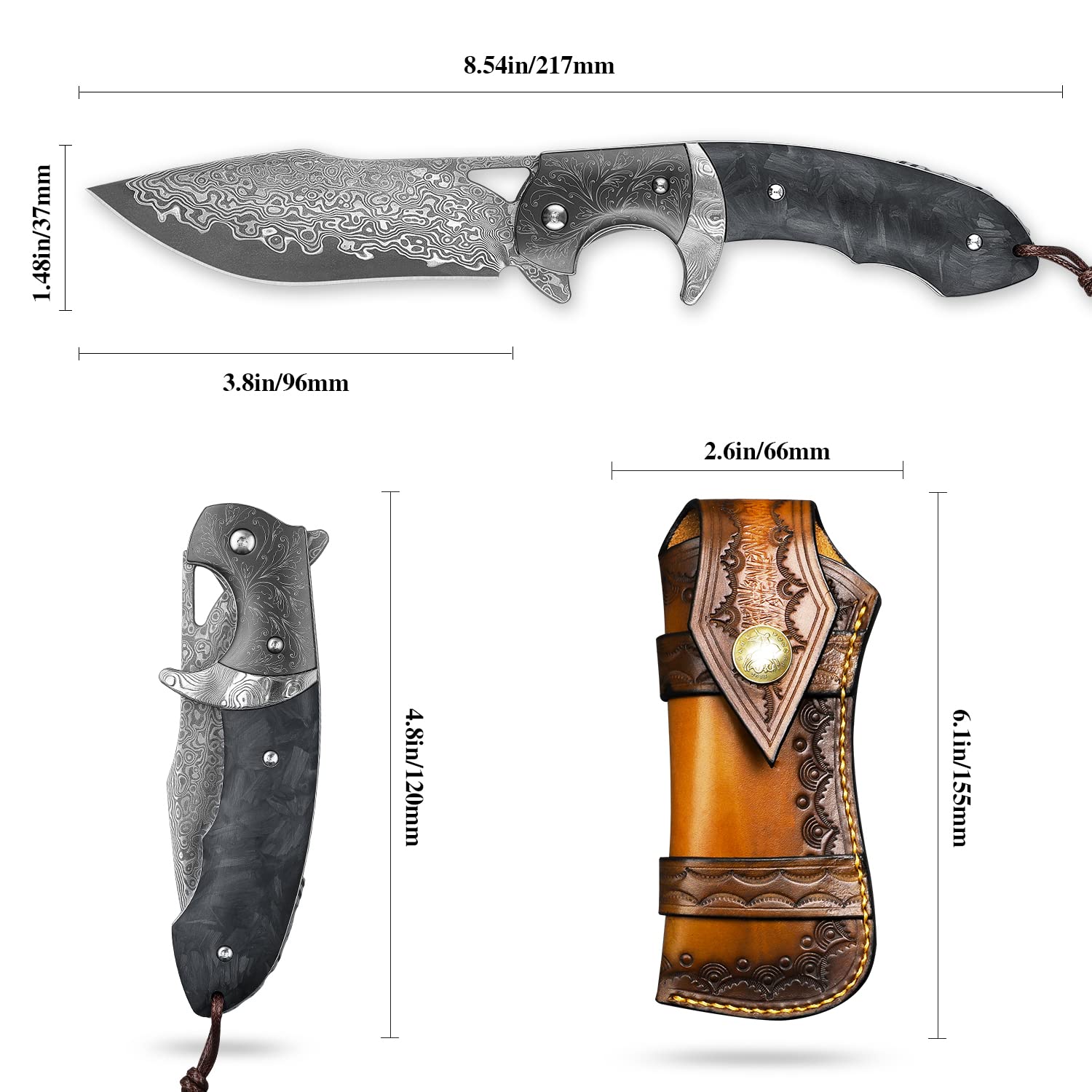 Premium Handmade Damascus Steel Folding Knife with Leather Case - 3.8 Inch VG10 Steel Core Blade, Steel Ball Bearings & Carbon Fiber Handle - Tactical Pocket Knife for Hiking, Camping, Outdoor Survival & Everyday Carry (EDC)