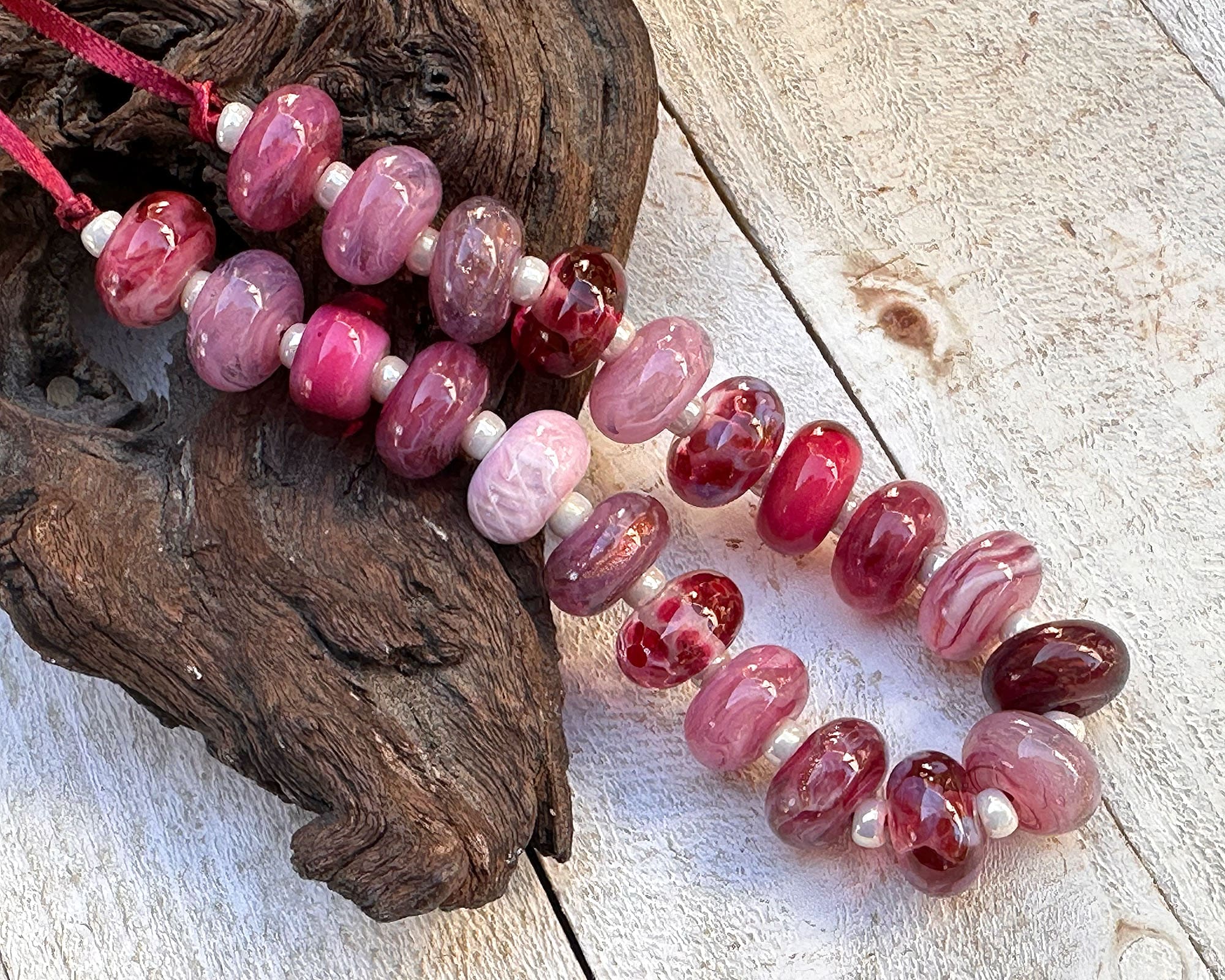 21pcs Pink Blossom Lampwork Glass Beads Set for Jewelry Making - DIY Bracelet, Necklace & Craft Projects - SRA Certified Artisan Beads