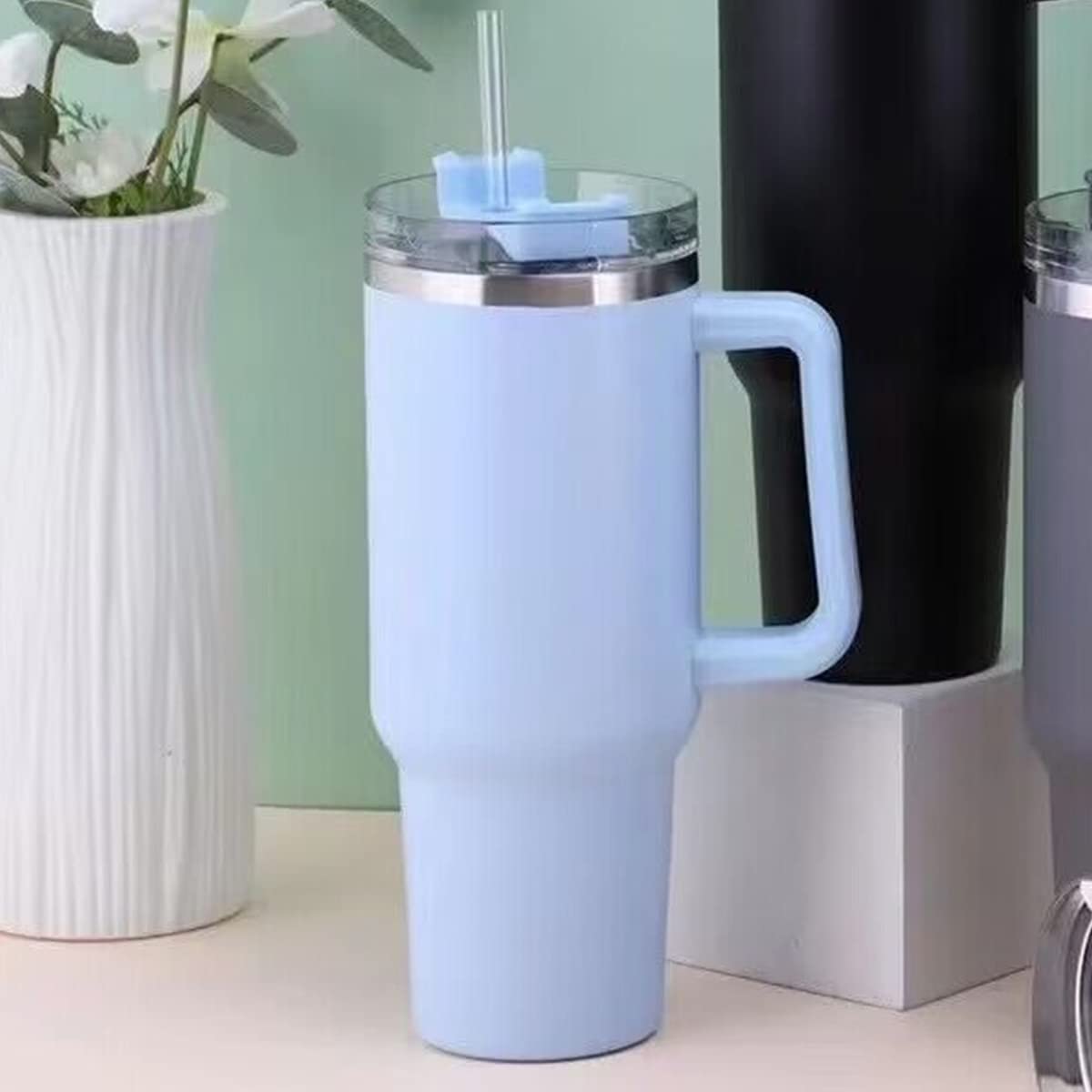 Miuline 40oz Stainless Steel Travel Tumbler with Straw Lid & Handle - Double Wall Vacuum Insulated Coffee Mug for Hot & Cold Drinks - BPA Free - Perfect for Work, Gym, Hiking & Outdoor Activities (Blue)