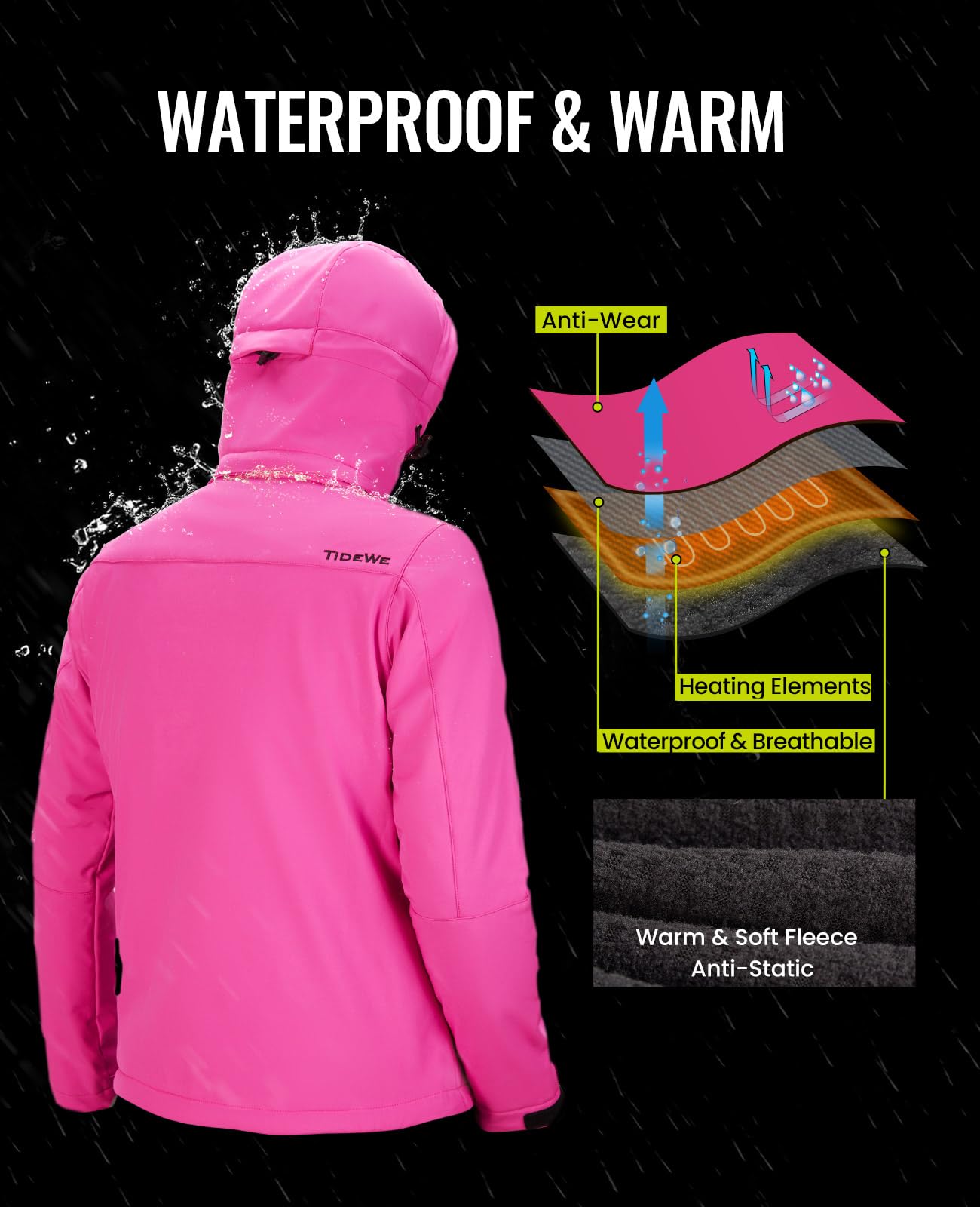 TIDEWE Women's Heated Jacket with Rechargeable Battery Pack - Winter Warm Electric Heated Coat for Outdoor Activities (Black, Pink, Camouflage, Sizes S-XXL) | Perfect for Skiing, Hiking, Camping & Cold Weather Commutes