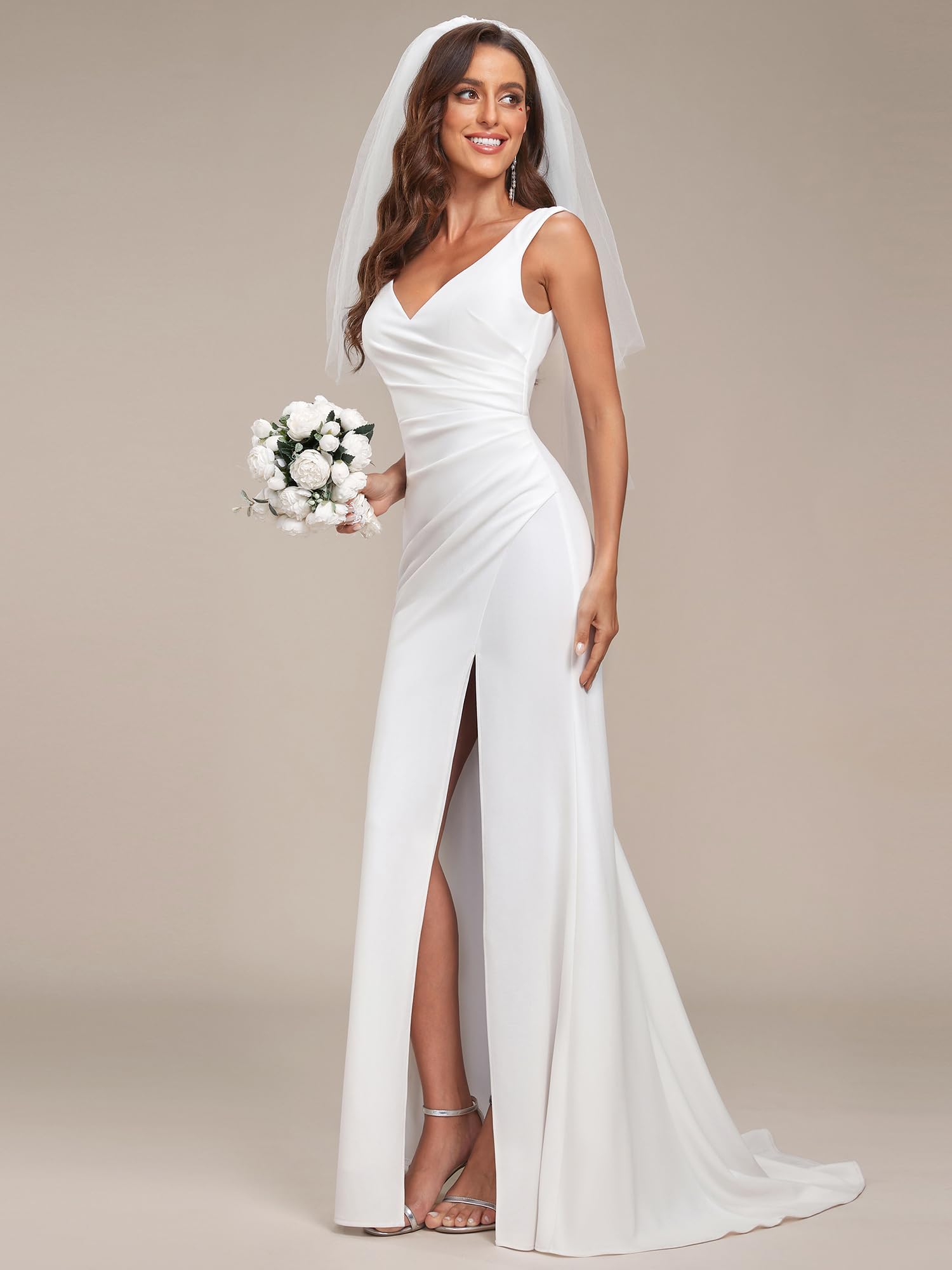 Ever-Pretty Women's Classic V-Neck Mermaid Bodycon Slit Wedding Dress for Bride - White 0121B | Elegant Bridal Gown for Beach, Church & Formal Wedding Ceremonies