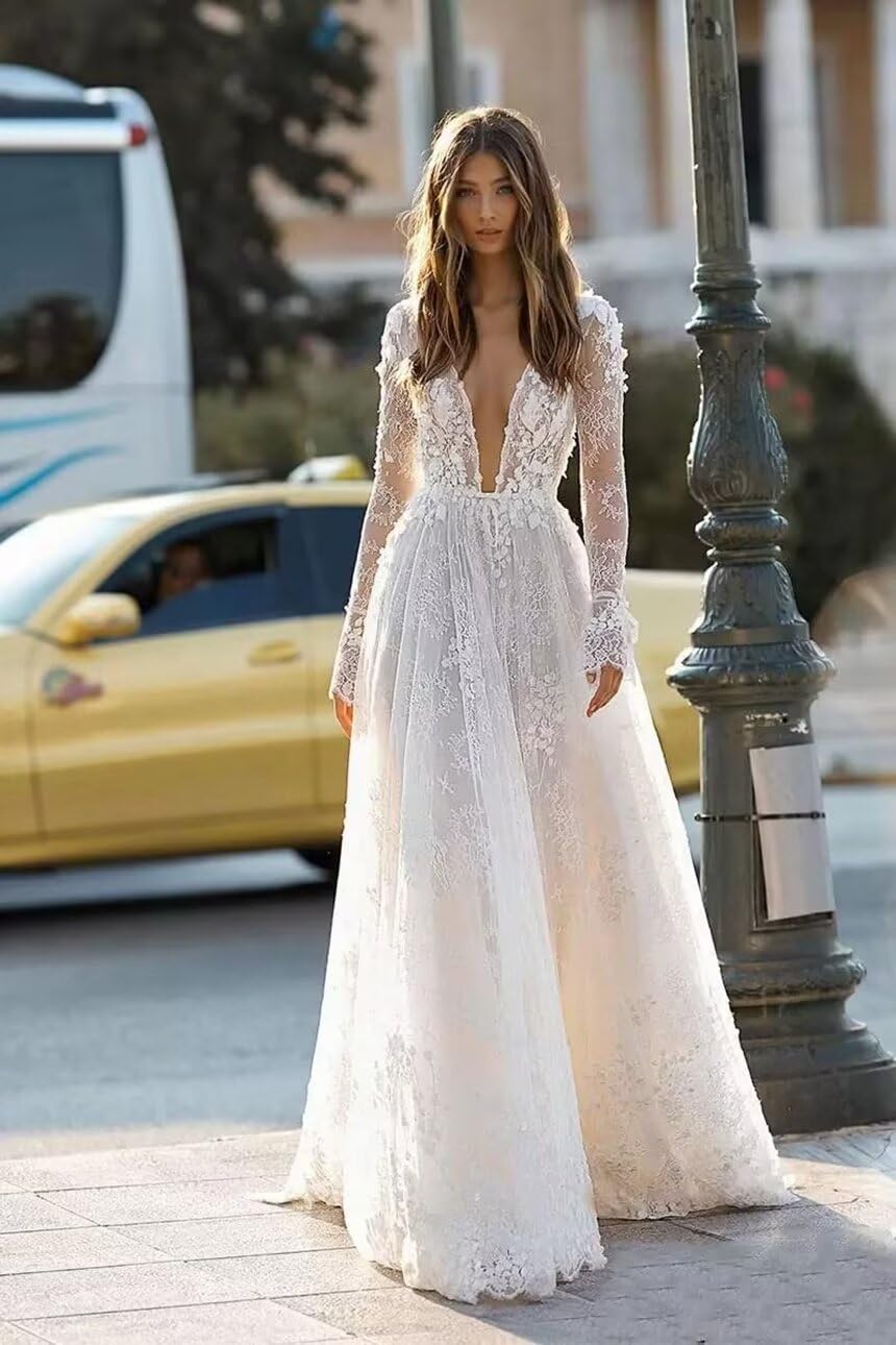 Elegant Long Sleeve Tulle Wedding Dress with Lace Appliques - Boho Bridal Gown for Women | Perfect for Beach, Garden & Vintage Theme Weddings