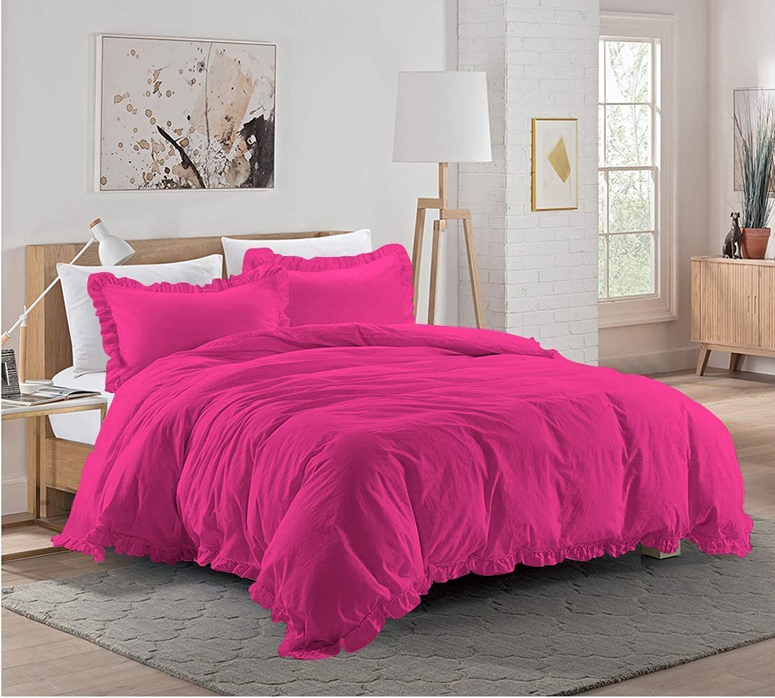 Ultra Soft 100% Cotton 800 TC Frilled Duvet Cover with Corner Ruffle - King/California King Size, Hot Pink - Luxury Bedding for Master Bedroom, Guest Room & Hotel Decor
