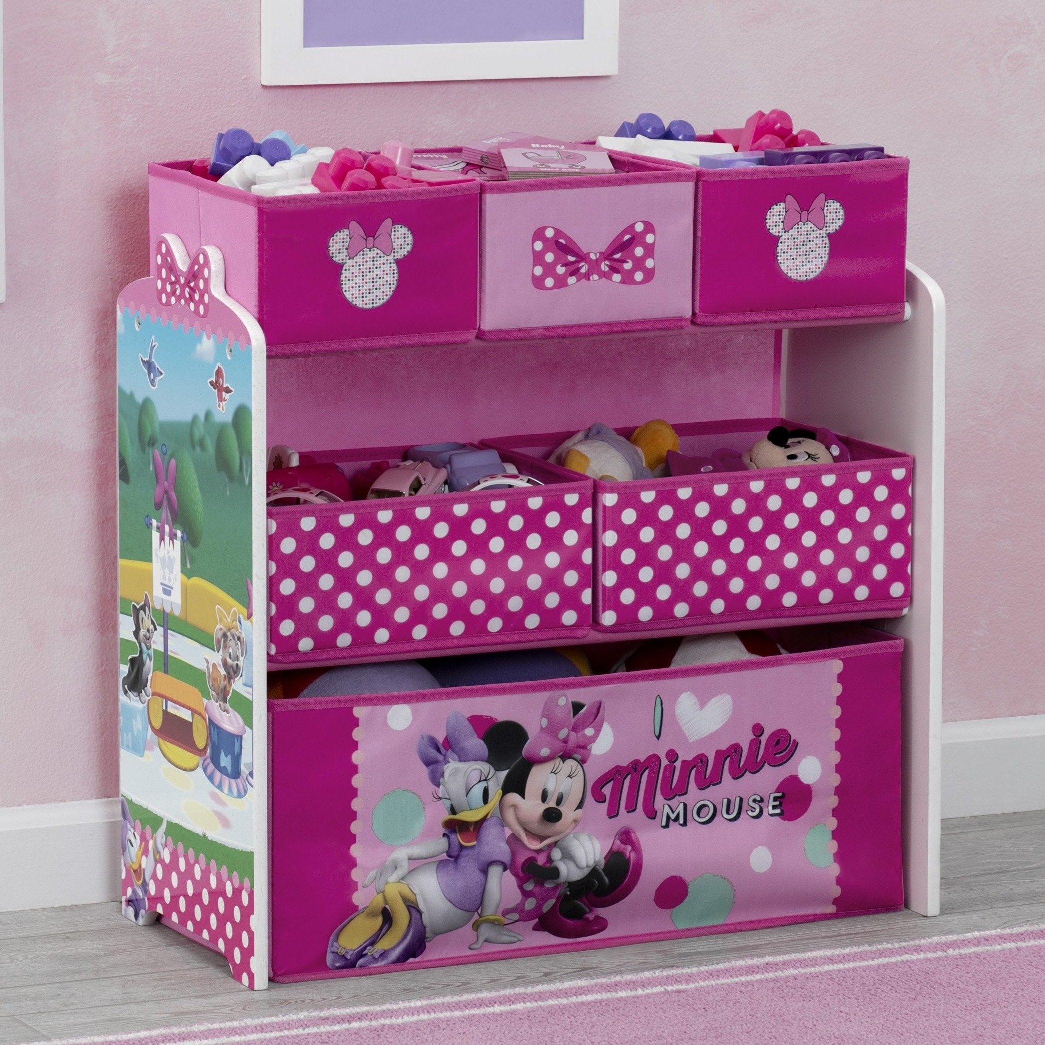 Minnie Mouse 6 Bin Toy Organizer with Storage Baskets - Kids Room Decor & Playroom Organization for Toys, Books, and Supplies