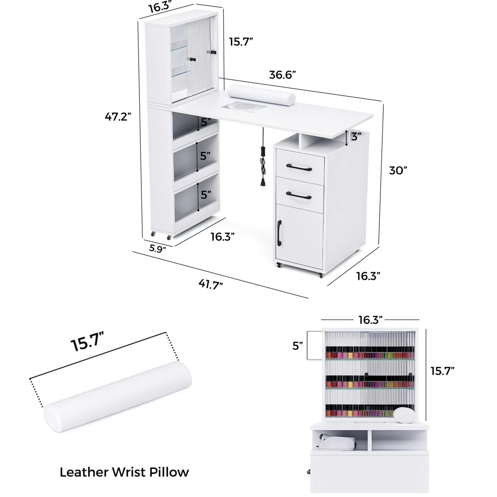 Professional Manicure Table Nail Desk for Nail Technicians - White Acetone-Resistant Beauty Salon Workstation with Glass Door Storage Cabinets, Wrist Rest & Built-in Dust Collector | Perfect for Nail Salons, Home Studios & Mobile Nail Services