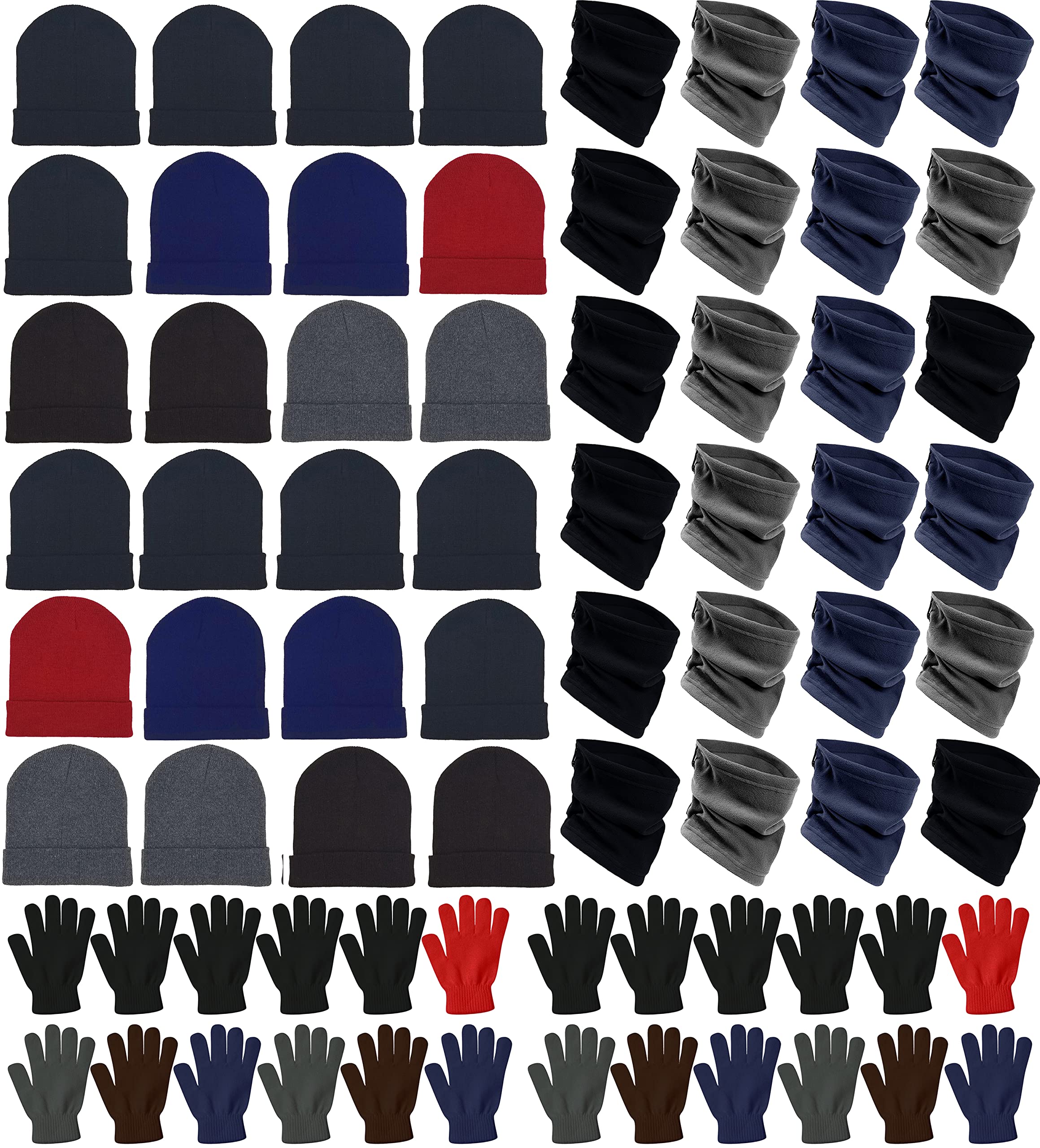 72-Pack Unisex Winter Gloves, Beanies & Neck Warmers Set - Bulk Cold Weather Accessories for Donations, Charity & Care Packages (Ideal for Homeless Shelters, Community Drives & Winter Relief Programs)