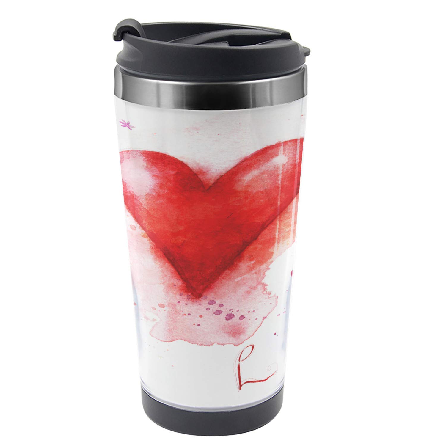 Ambesonne 16 oz Stainless Steel Travel Mug with Watercolor Heart Design - Insulated Thermal Cup for Hot & Cold Drinks - Perfect for Coffee, Tea, or Gifts (Red & White)
