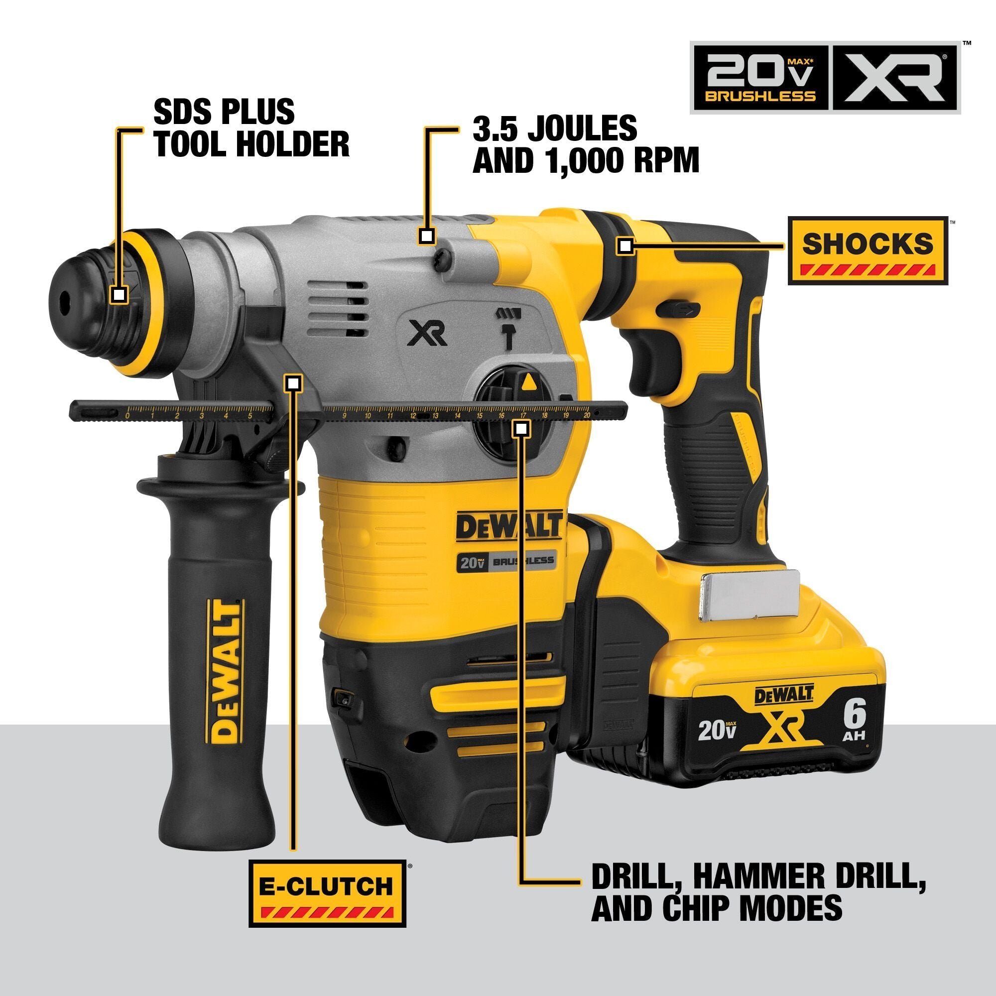DEWALT DCH293R2 20V Max XR Brushless SDS Plus Rotary Hammer Drill Kit with 1-1/8 Inch Capacity - Perfect for Concrete Drilling, Demolition Work, and Masonry Projects