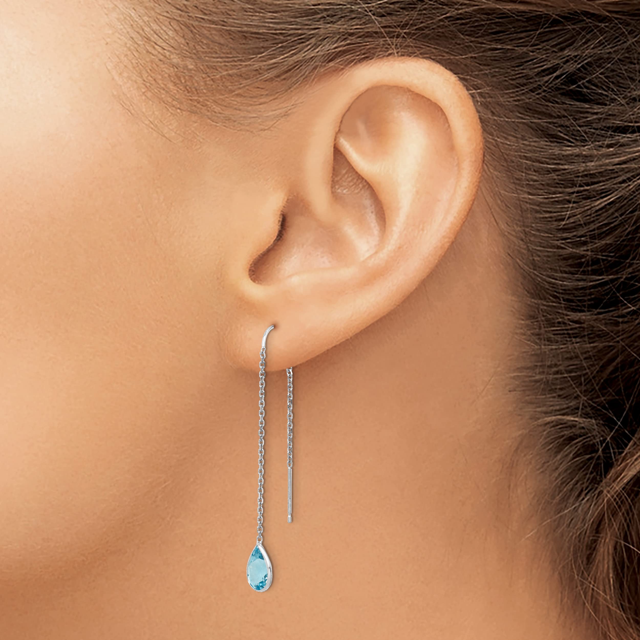 14K Solid White Gold Swiss Blue Topaz Threader Drop Dangle Earrings - Pear Teardrop Gemstone Jewelry for December Birthstone | Elegant Gift for Women, Bridal, Party & Special Occasions