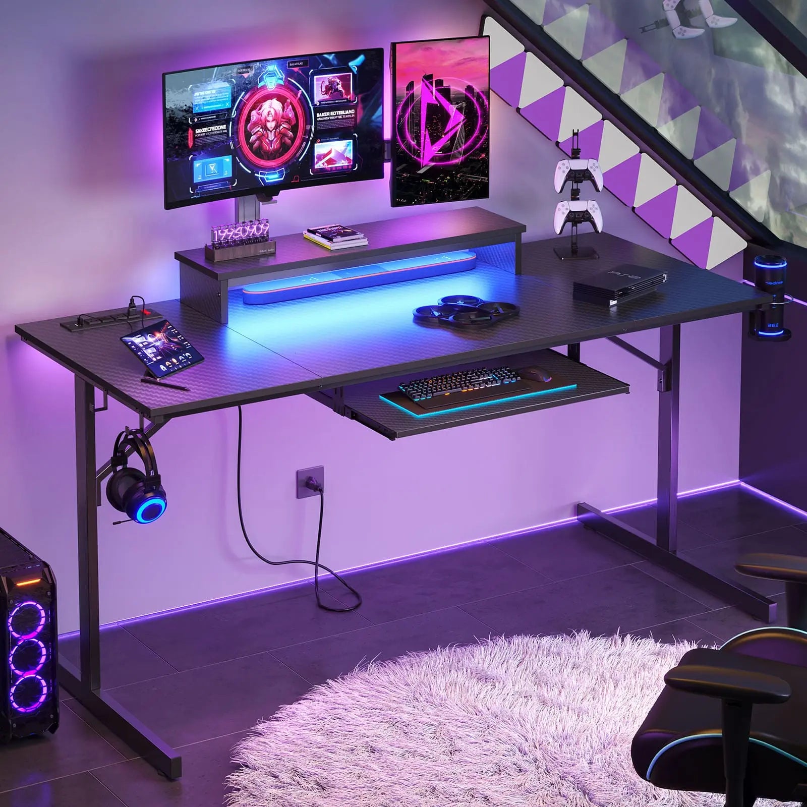 Bestier 63 Inch LED Gaming Desk with Keyboard Tray - Ergonomic Computer Desk for PC & Console Gamers - Perfect for Home Office, Streaming Setup & Esports Gaming