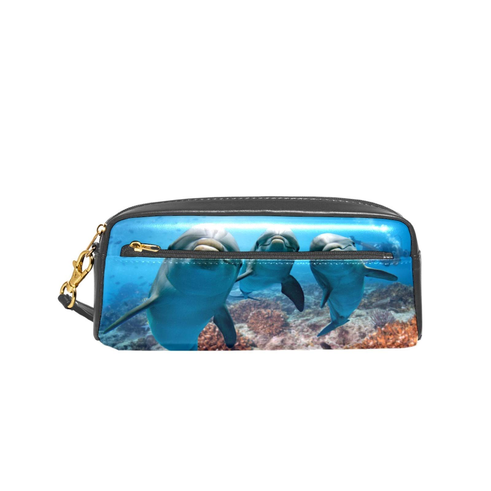 Durable PU Leather Pencil Case with Dolphin Design - Zippered Makeup & Stationery Pouch for School, Office & Travel (Perfect for Students, Professionals & Makeup Storage)