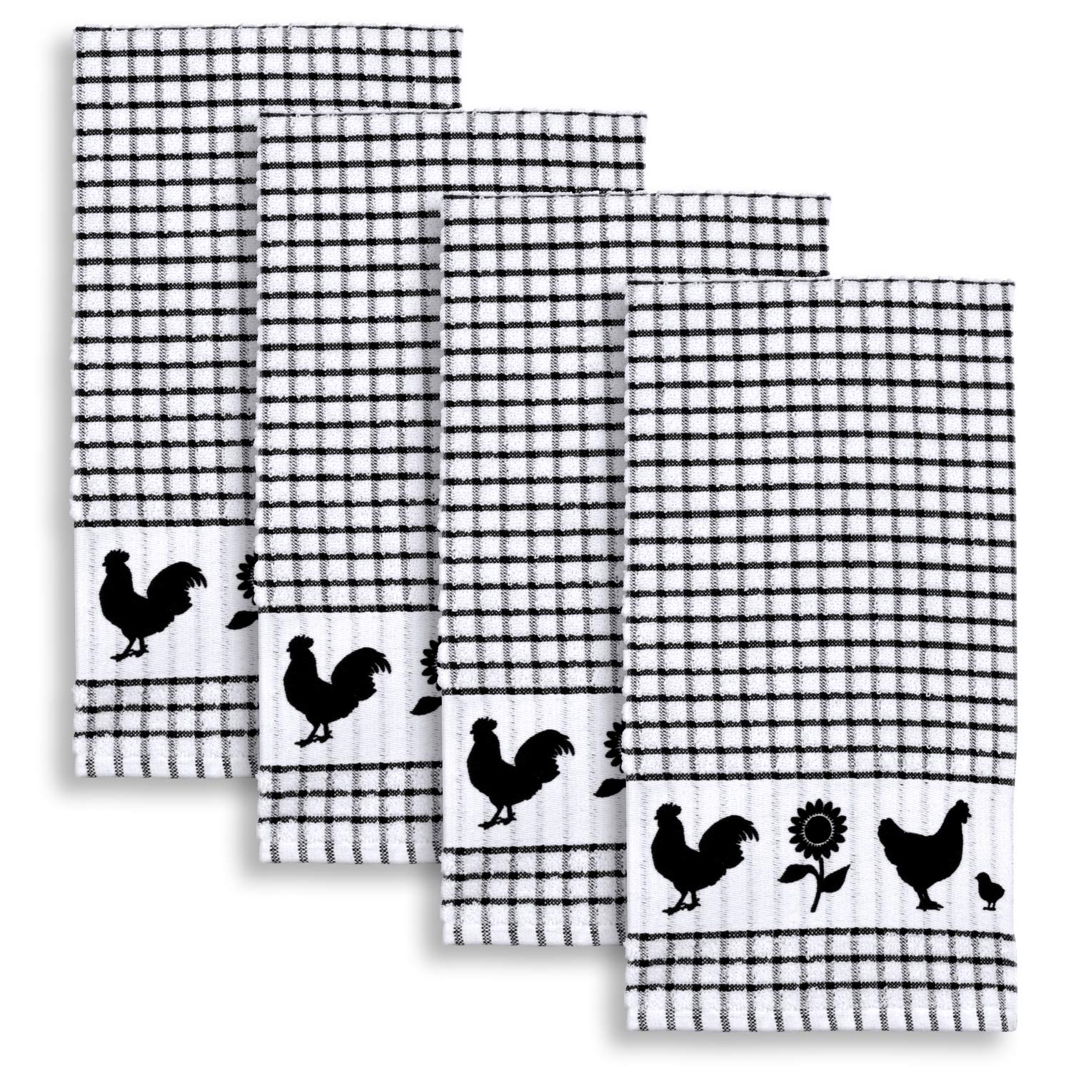 Cackleberry Home 4-Pack Black Cotton Terrycloth Kitchen Towels with Windowpane Check - Soft Absorbent Dish Towels for Backyard Chickens, Farmhouse Decor, and Country Style Kitchens