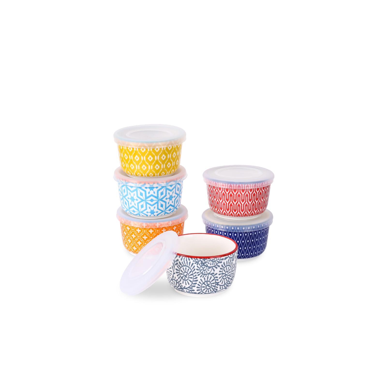 Selamica 6 oz Ceramic Ramekins with Lids - Oven Safe Souffle Dishes for Creme Brulee, Pudding & Custard - Stackable Mini Bowls Set of 6 (Assorted Colors) - Perfect for Baking, Dipping Sauces & Dessert Serving