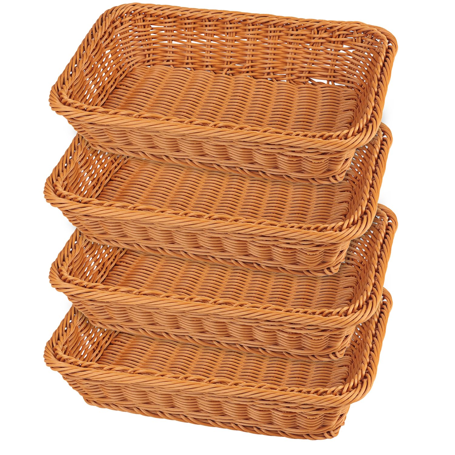 4-Piece 12 Inch Woven Wicker Bread Baskets Set - Natural Brown Rattan Serving Trays for Bread, Fruits, Vegetables & Snacks - Perfect for Restaurants, Bakeries, Family Parties & Hotels - Elegant Tabletop Display & Food Presentation