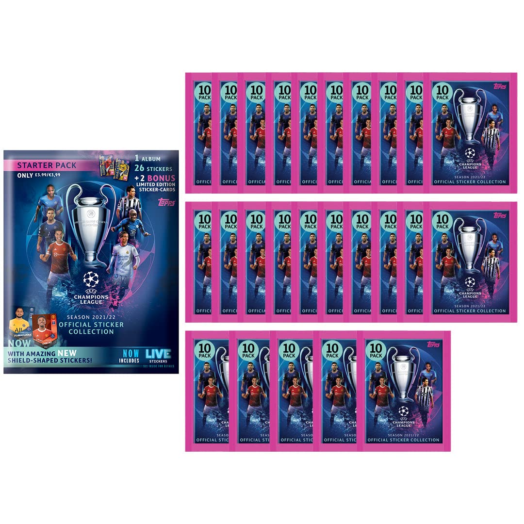 2021-22 Topps UEFA Champions League Sticker Collection - Starter Pack with Album + 30 Bonus Packs (303 Total Stickers) for Soccer Fans & Collectors | Perfect for Trading, Gifts & Completing Your Album
