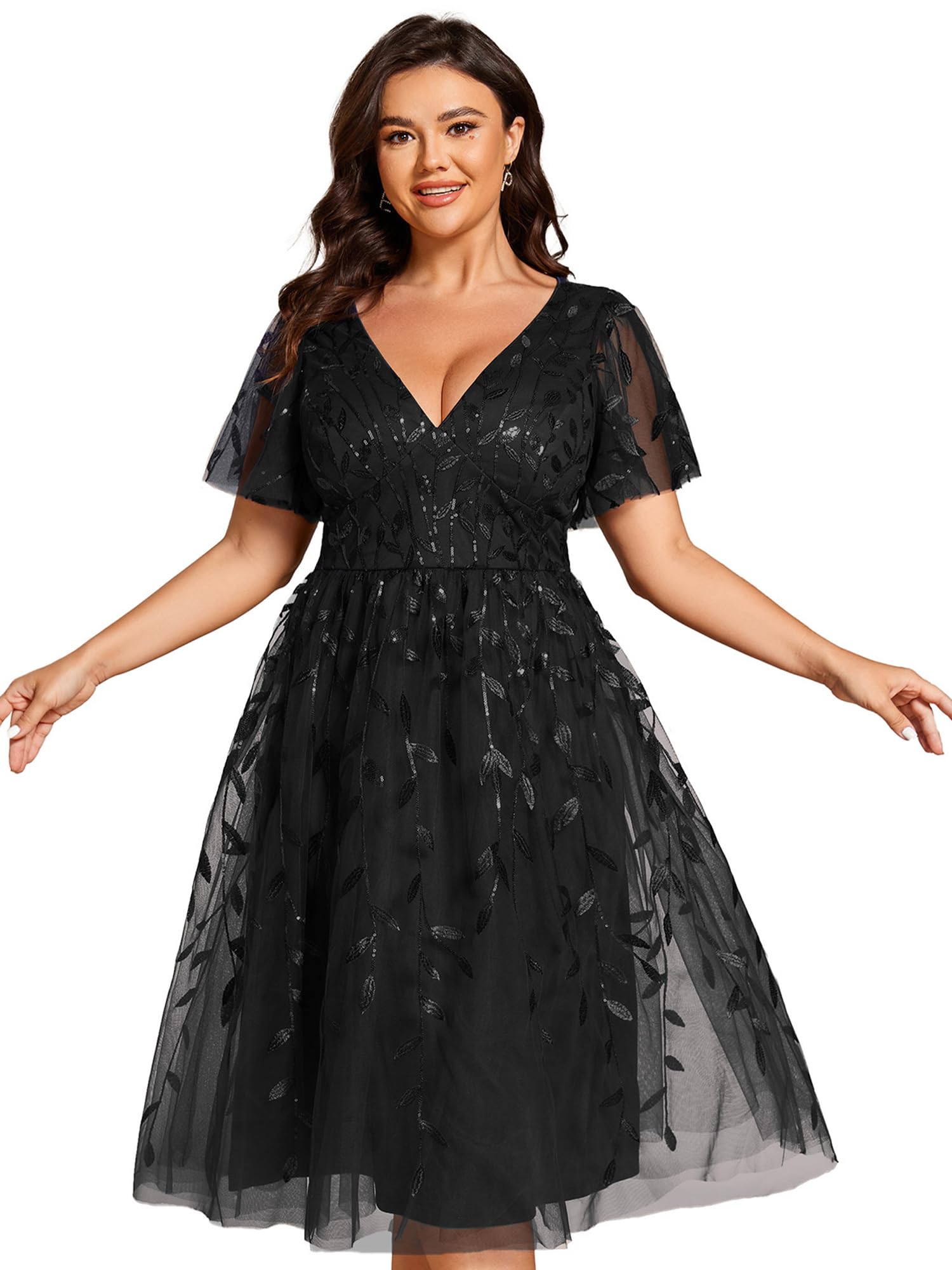 Ever-Pretty Women's Plus Size V-Neck Short Sleeve Embroidered Sequin Cocktail Dress with Empire Waist - Elegant Wedding Guest & Party Midi Dress (2230-DA) | Perfect for Bridal Showers, Evening Events & Special Occasions