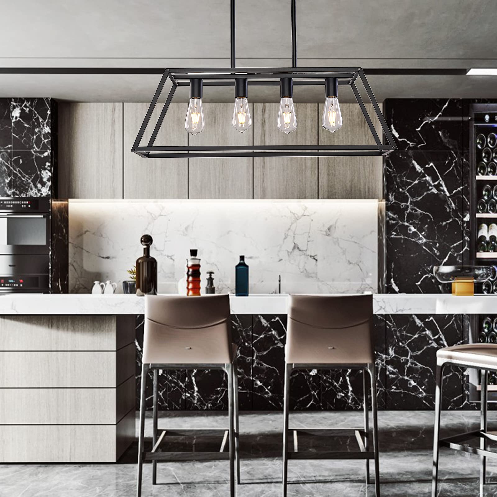 XILICON Modern 4-Light Black Linear Pendant Light - Farmhouse Kitchen Island Chandelier for Dining Room, Hanging Cage Lighting Fixture | Perfect for Farmhouse, Industrial & Contemporary Home Decor