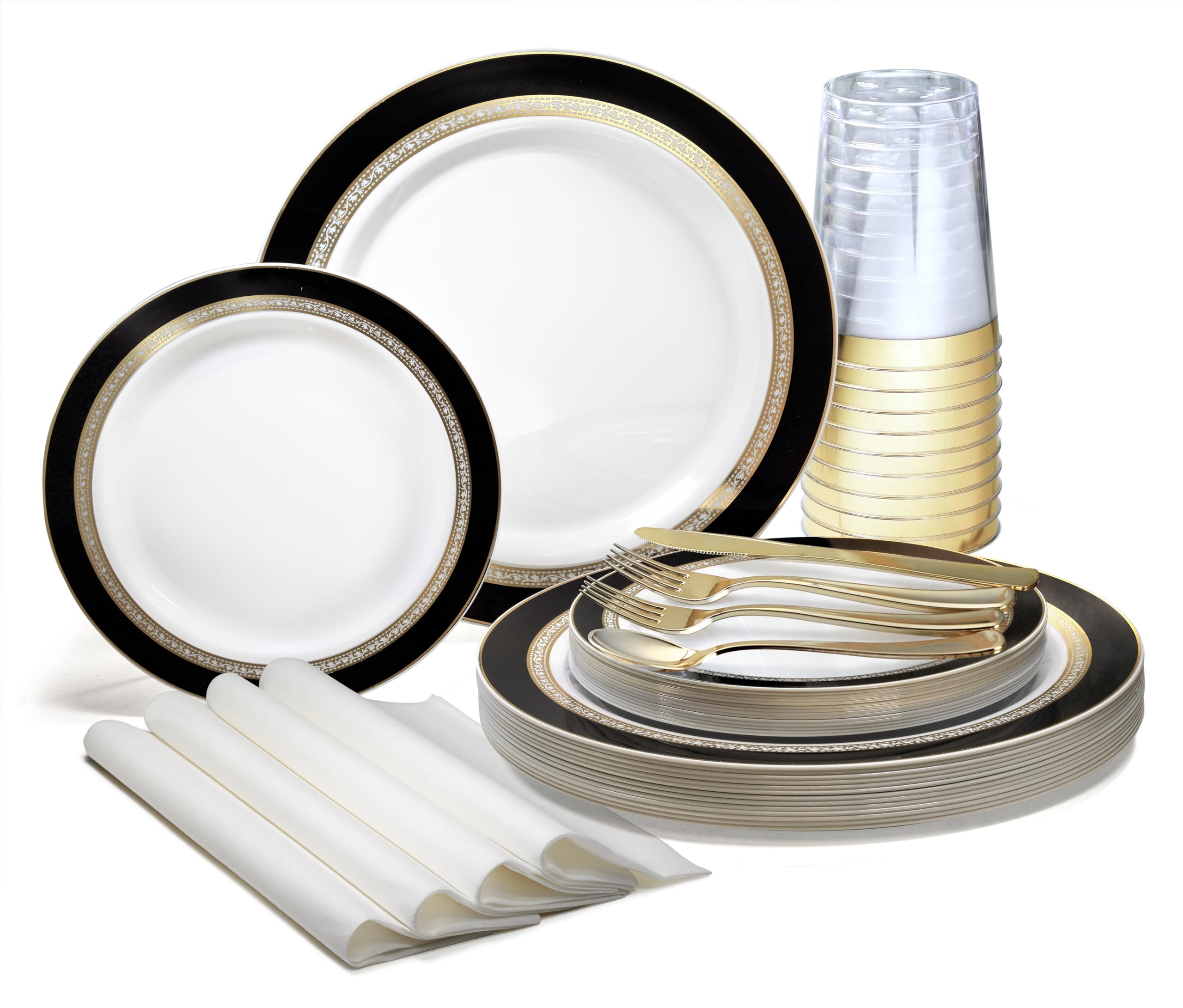 960-Piece Heavyweight Disposable Plastic Plate Set for Weddings & Parties - 120 x 10.5'' Dinner Plates + 120 x 7.5'' Dessert Plates + Silverware + Cups + Napkins (Ritz Black & Gold) - Elegant Tableware for Wedding Receptions, Bridal Showers & Special Events
