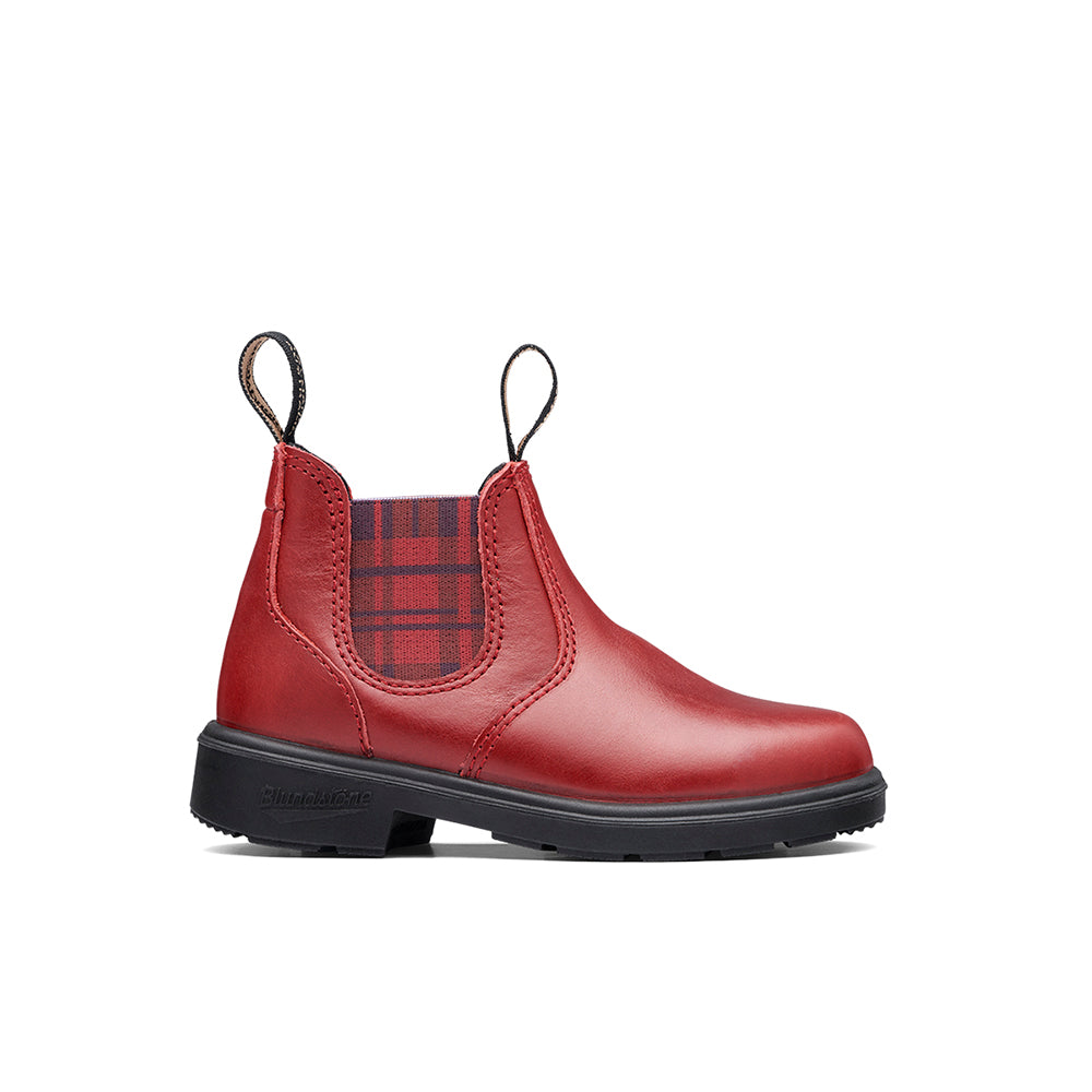 Blundstone Kids' Boots - Red Leather with Burgundy Tartan Elastic Sides | Comfortable & Durable for School, Outdoor Play & Winter Activities