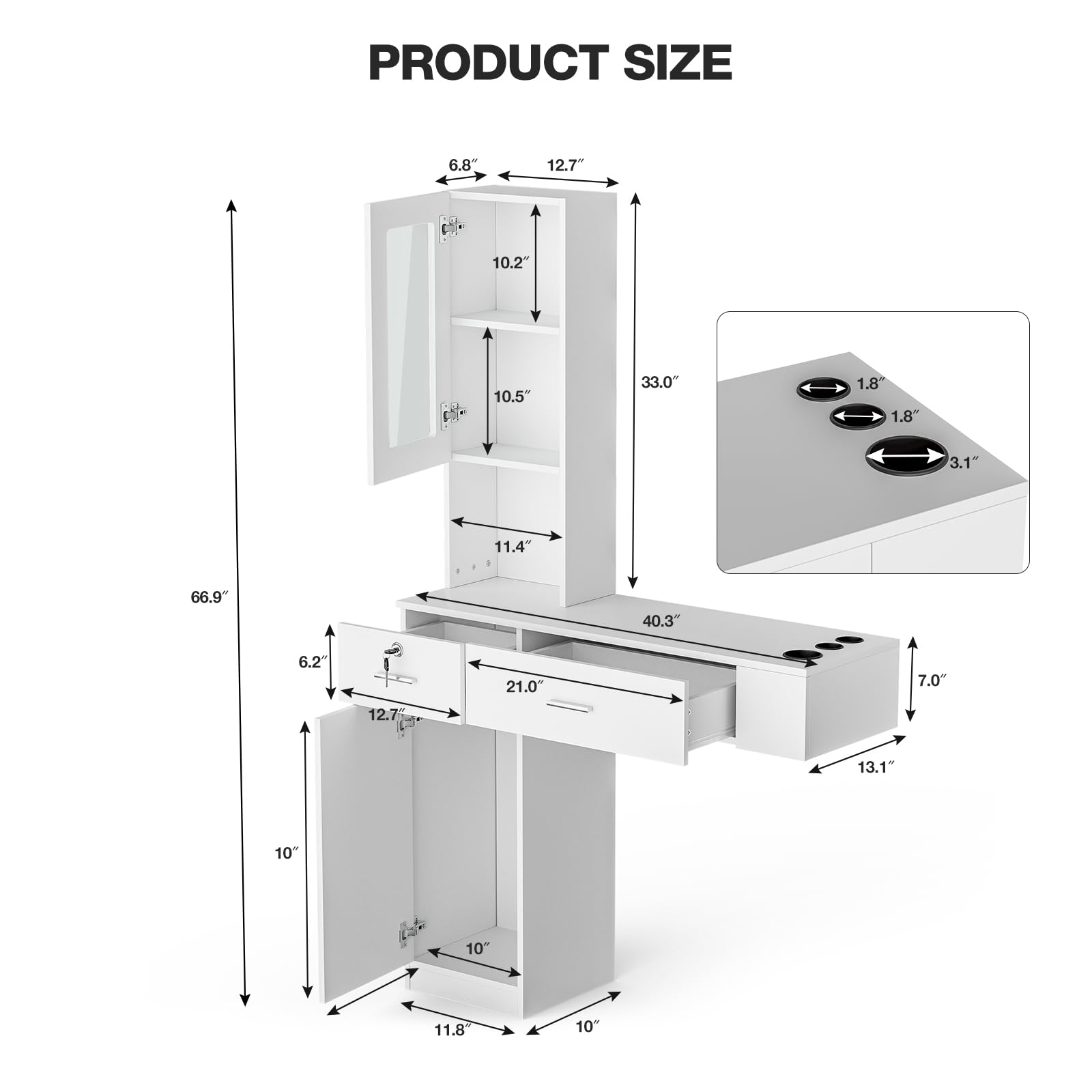 Professional Wall Mount Hair Salon Station - Barber Styling Storage Cabinet with Glass Door, 2 Drawers & 3-Tier Shelves (White) | Perfect for Salon Organization, Home Barber Setup & Beauty Studio Storage