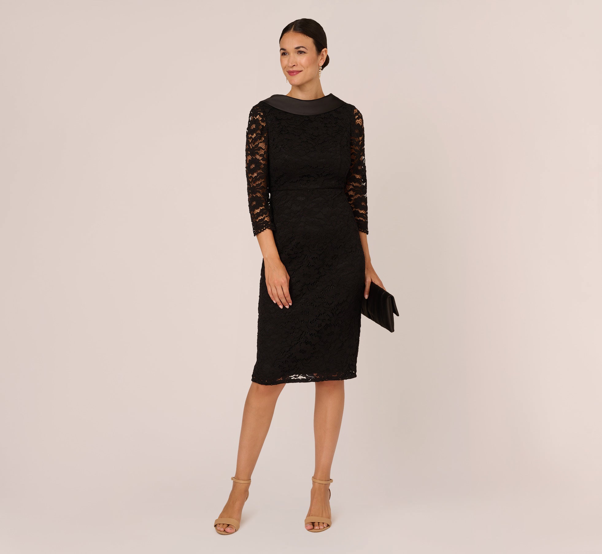 Elegant Black Roll Neck Lace Dress with Sheer Elbow Sleeves - Perfect for Evening Parties, Date Nights & Special Occasions