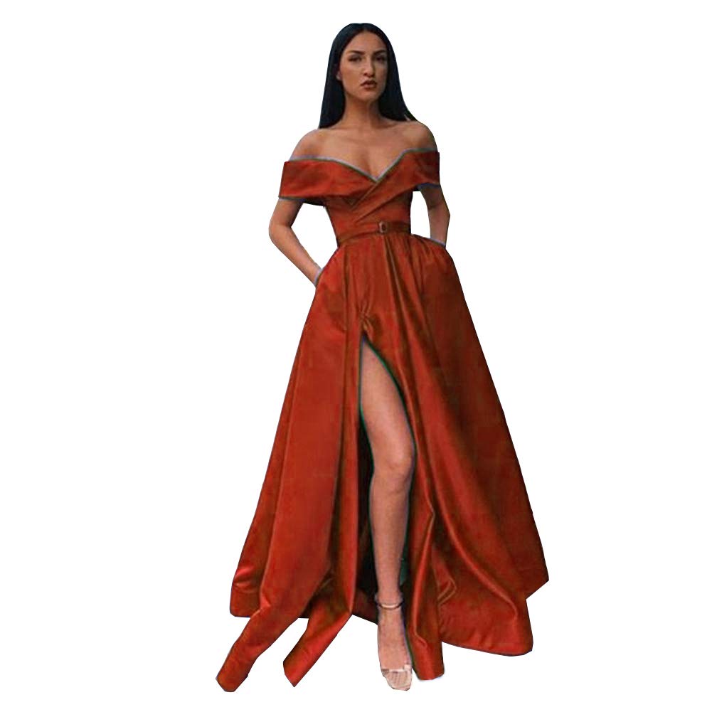 Emanni Women's Off Shoulder Long Side Slit Satin Prom Dress A-Line Evening Gown for Formal Party - Reddish Brown | Elegant Homecoming, Cocktail Party & Special Occasion Wear