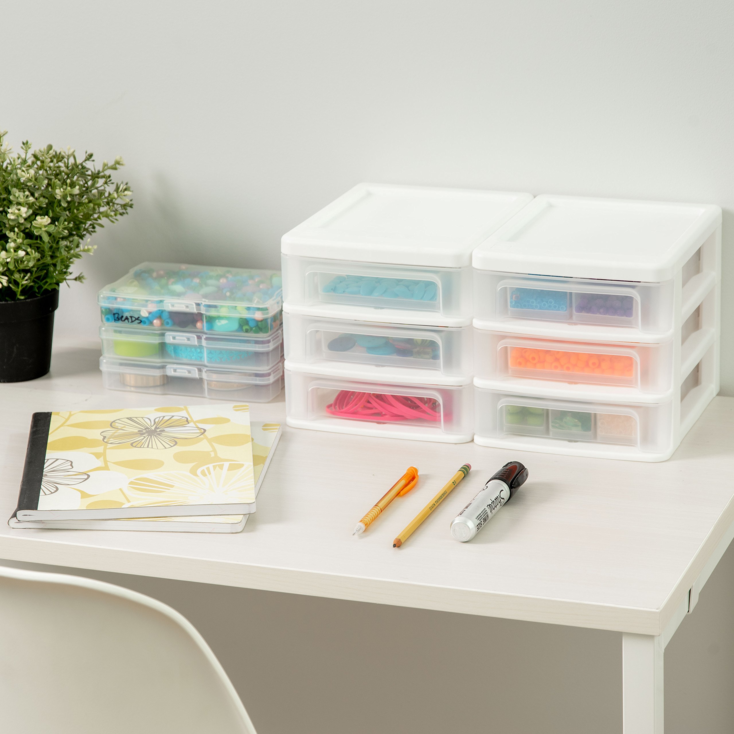 IRIS USA Plastic Stacking Desk Top 3-Drawer Storage Organizer, 2-Pack - White Small Drawers for Vanity, Bathroom, Office, Craft & Kitchen Organization - Perfect for Nail Polish, Stationery, Art Supplies & Small Items Storage