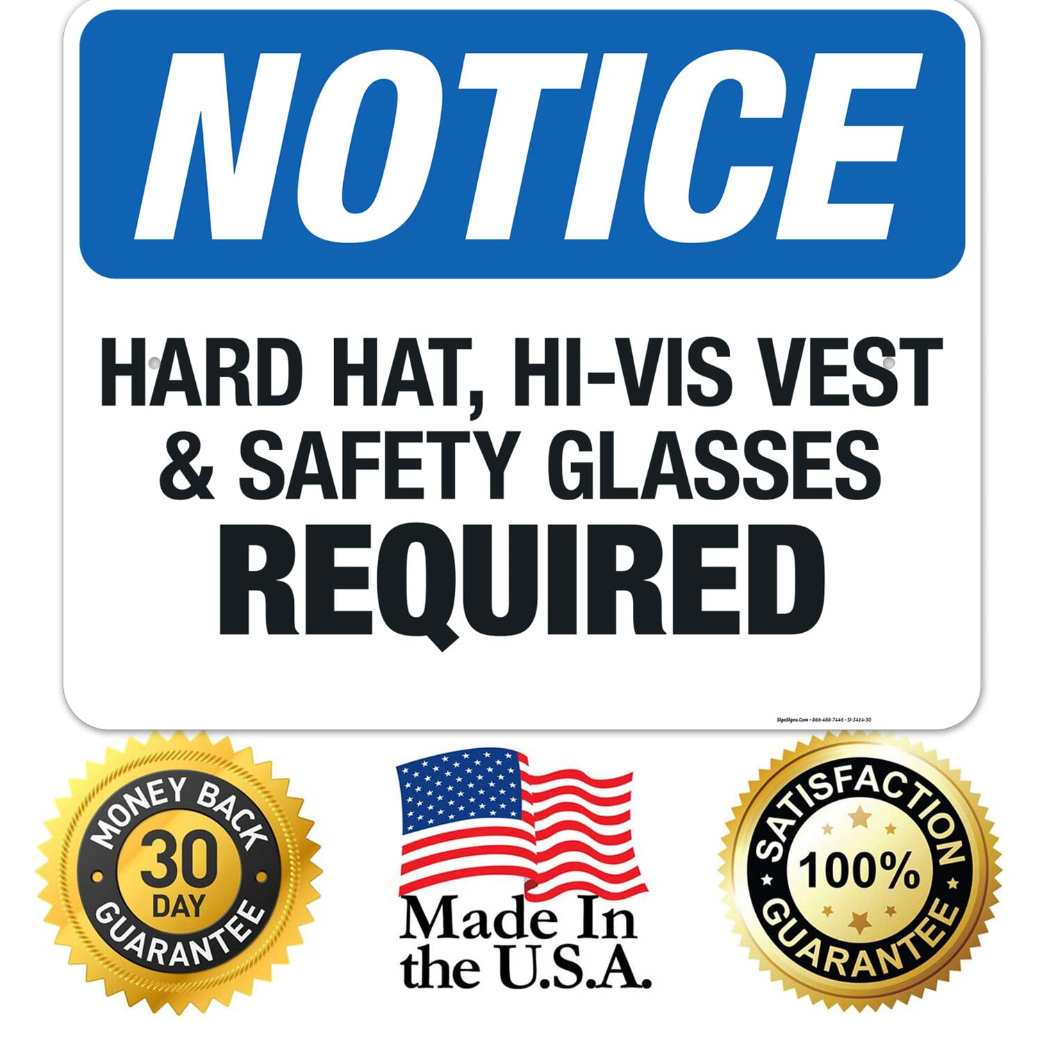 OSHA Compliant Hard Hat Hi-Vis Vest & Safety Glasses Required Sign - 24x30 Inches Rust-Free .063 Aluminum - Fade Resistant for Indoor/Outdoor Use - Made in USA - Perfect for Construction Sites, Warehouses & Industrial Facilities