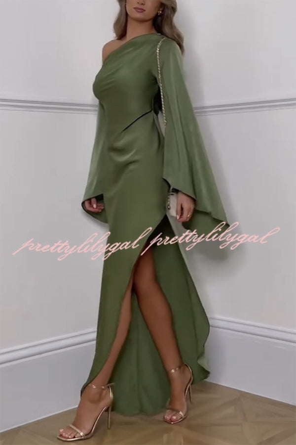 Zayla Women's Elegant Satin Asymmetrical One Shoulder Bell Sleeve Slit Maxi Dress for Evening Party, Wedding Guest, Prom & Special Occasions
