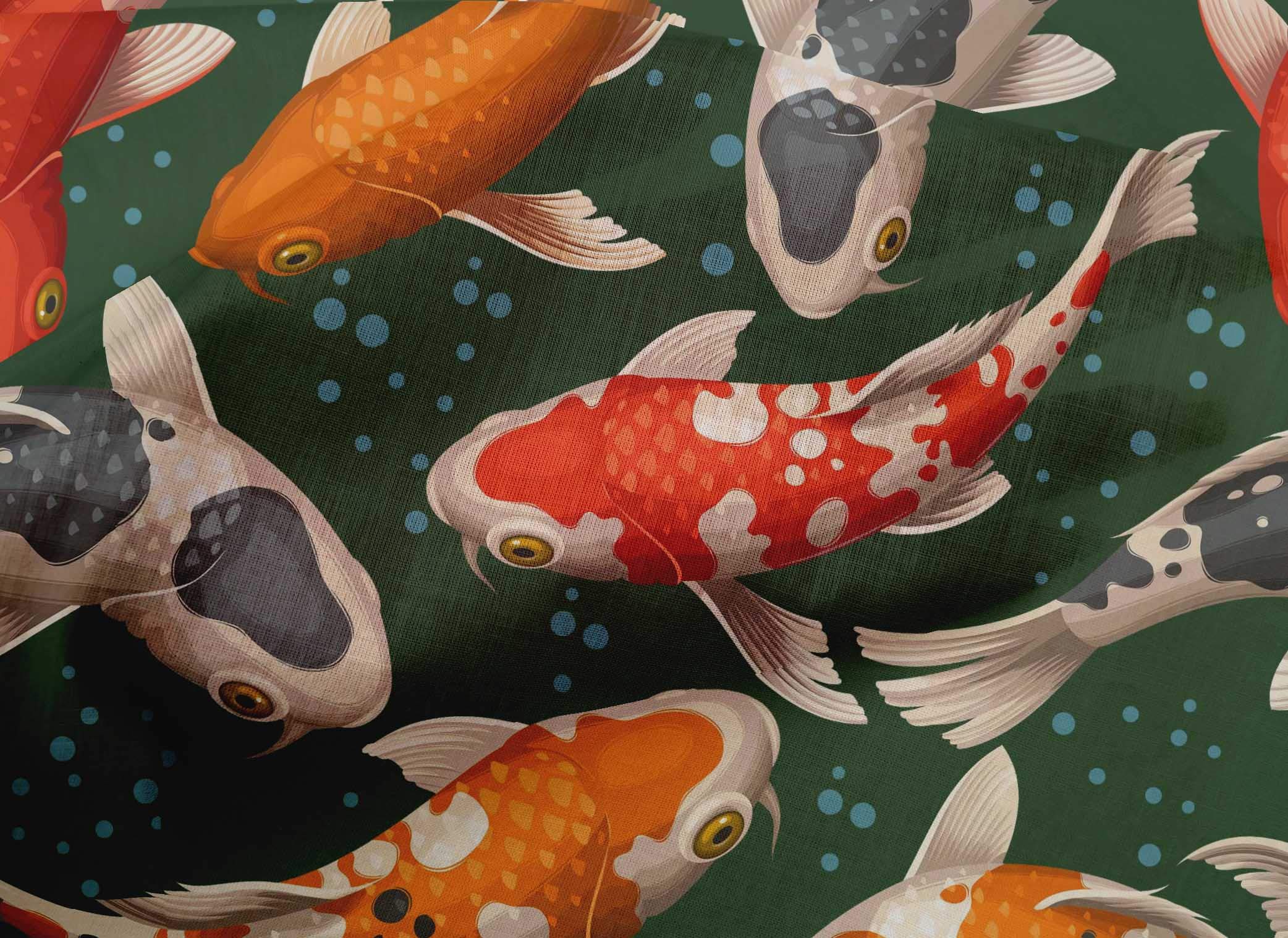 oneOone Cotton Poplin Dark Green Fabric - Bubbles & Koi Fish Ocean Print DIY Sewing Material (56