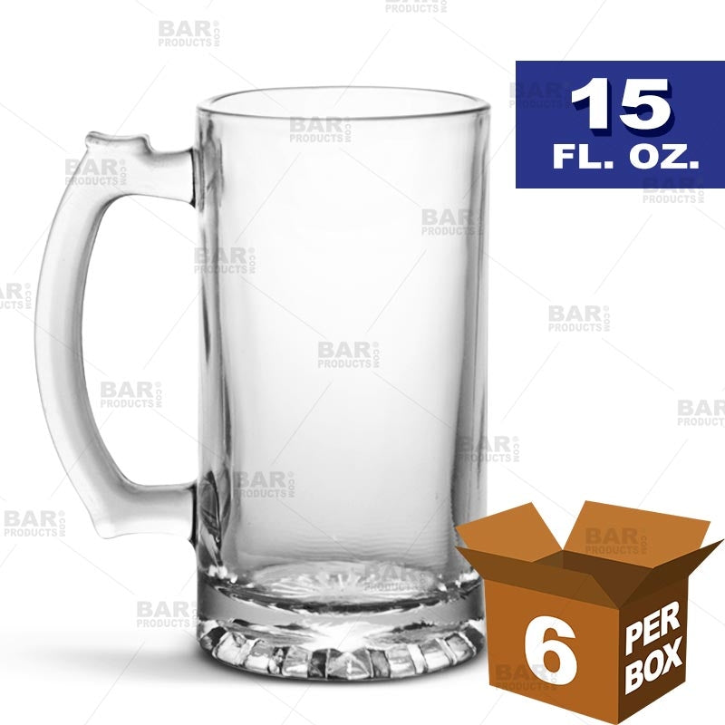 BarConic® 15 oz Beer Mugs - Set of 6 - Heavy Duty Glass Drinking Cups for Beer, Soda, Cocktails - Perfect for Parties, Bars, Restaurants & Home Use