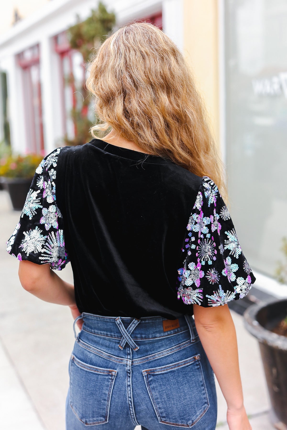 Glamorous Black Floral Sequin Puff Sleeve Velvet Top for Women | Elegant Party Blouse | Perfect for Evening Events, Date Nights & Special Occasions