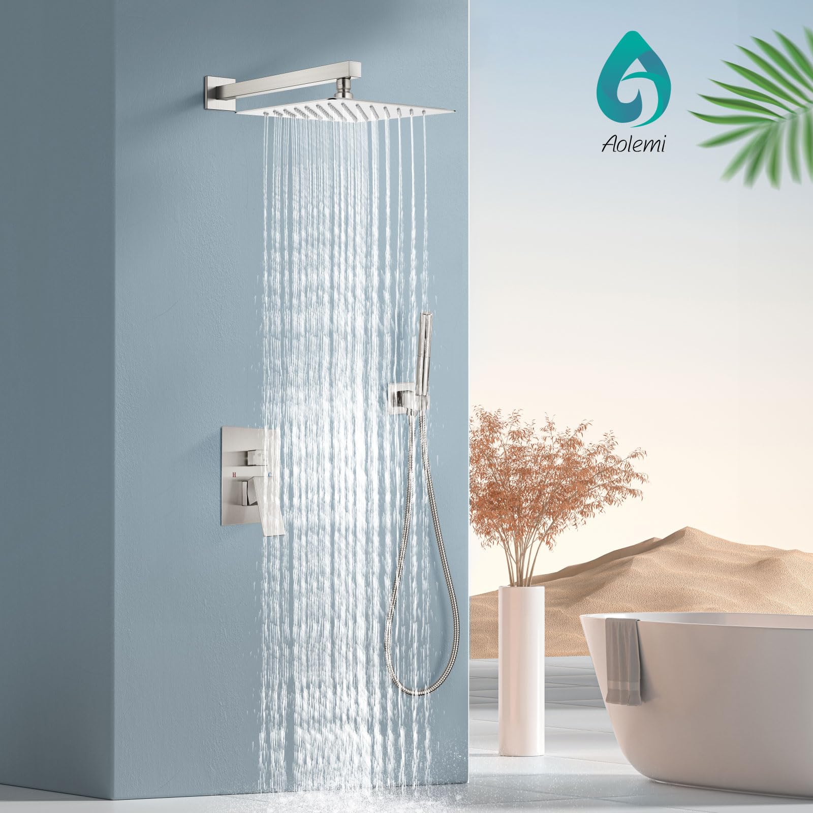 Aolemi 10 Inch Rainfall Shower System with High Pressure Shower Head & Handheld Spray - Brushed Nickel Wall Mount Shower Faucet Set for Spa-Like Bathroom Experience - Perfect for Master Bath & Luxury Home Renovation