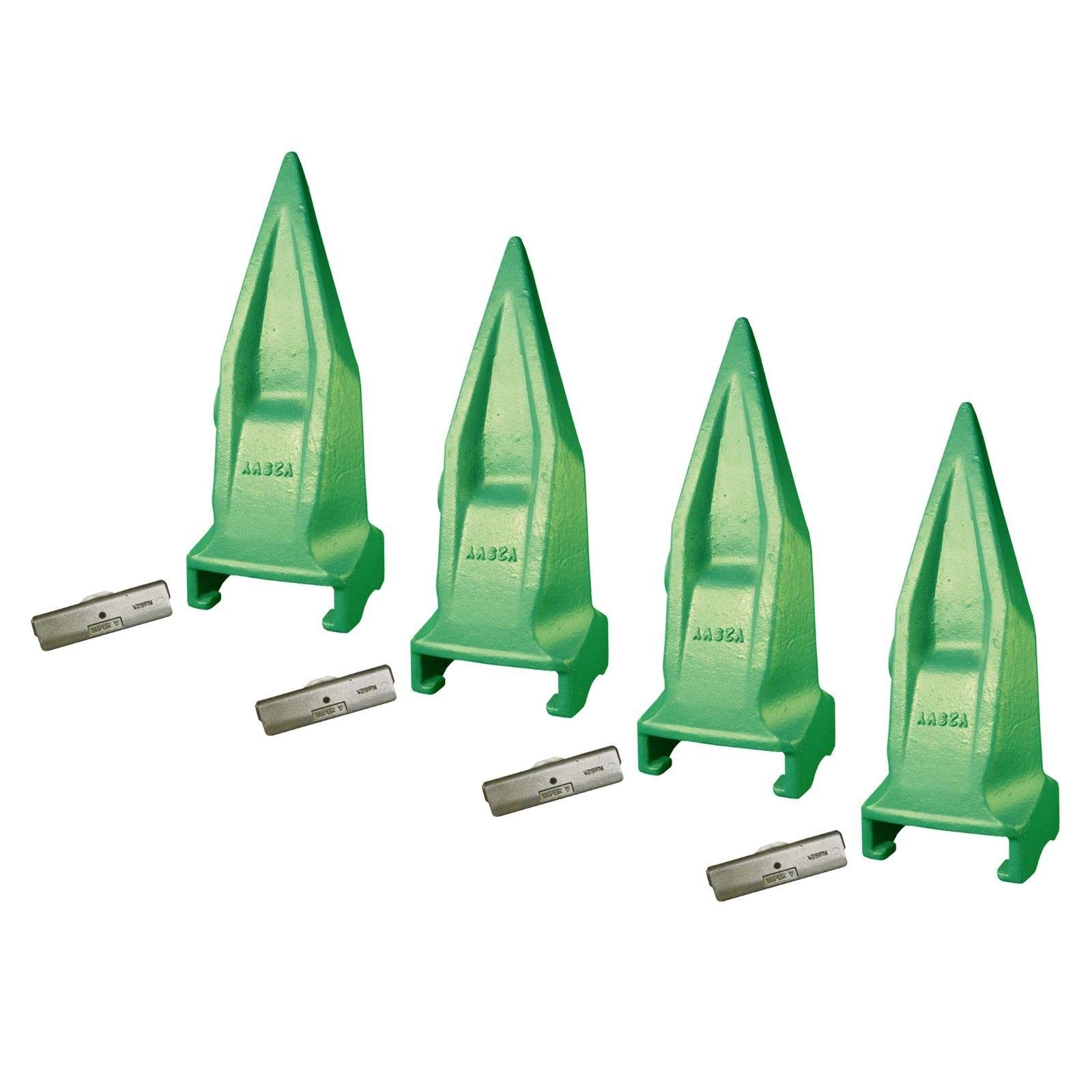 4-Pack Esco Style Super V Excavator Bucket Teeth with Single Tiger Rock Tooth & Pin - V29VY - Heavy Duty Digging & Mining Replacement Parts for Excavators