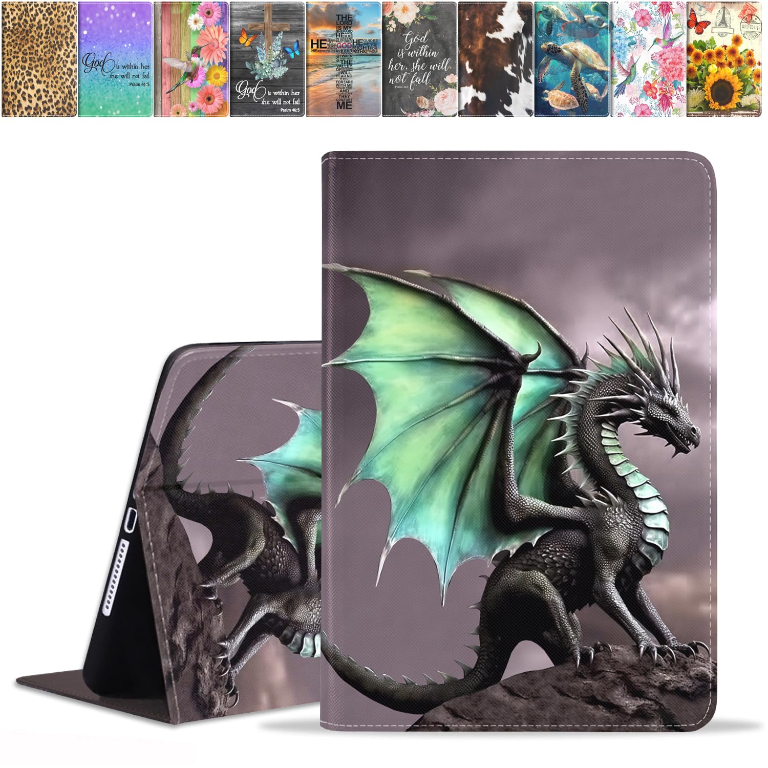 Premium Soft Rubber Back Cover & Leather Case for iPad 9.7 (2018/2017), iPad Air 1/2, iPad 6th/5th Gen - Adjustable Stand, Auto Wake/Sleep Smart Case - Dragon Design | Perfect for Work, Travel & Home Use