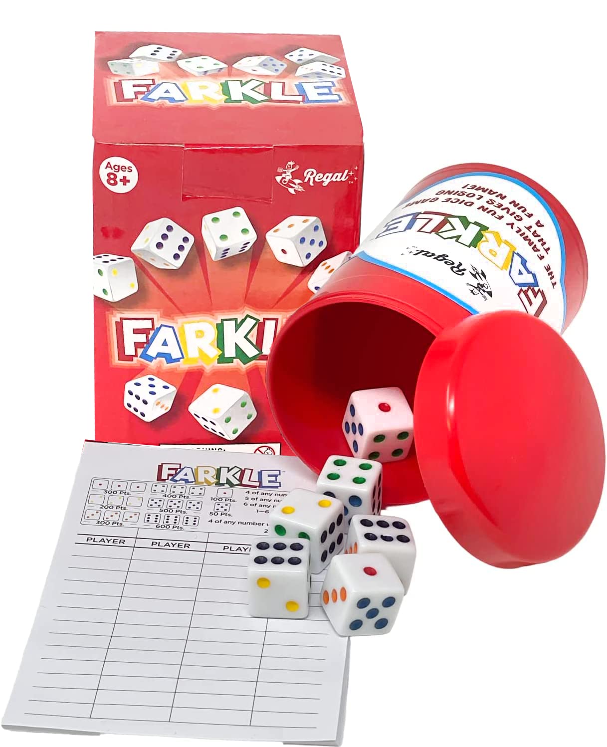 Regal Games Farkle Classic Dice Game Set - 6 Colorful Dice, Dice Cup & 25 Score Sheets - Fun Family Board Game for 2-4 Players Ages 12+ - Perfect for Travel, Camping, Parties & Game Nights
