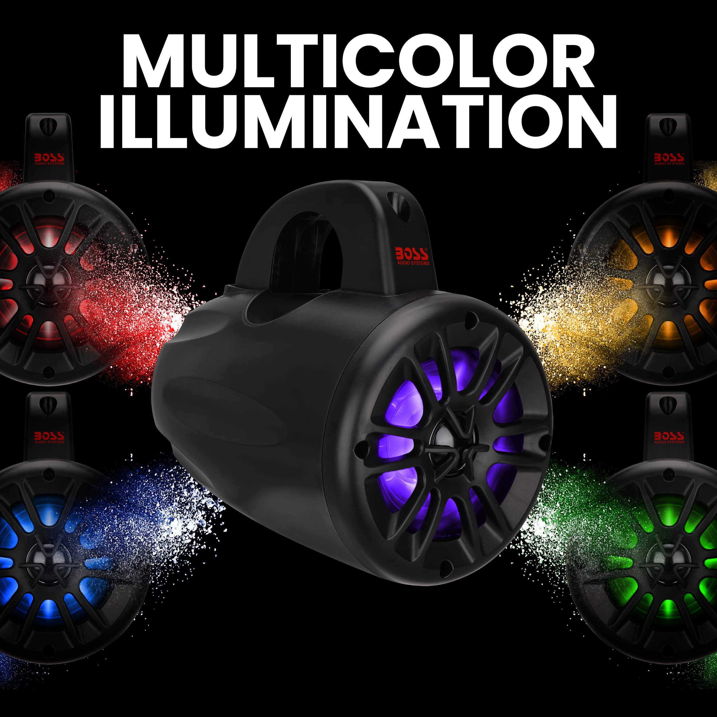 BOSS Audio MRWT40RGB 4 Inch Marine Wake Tower Speakers - Waterproof IPX5 Rated, 2-Way Full Range Audio with Multicolor LED Lights (Pair) - Perfect for Boats, Jet Skis & Outdoor Water Sports