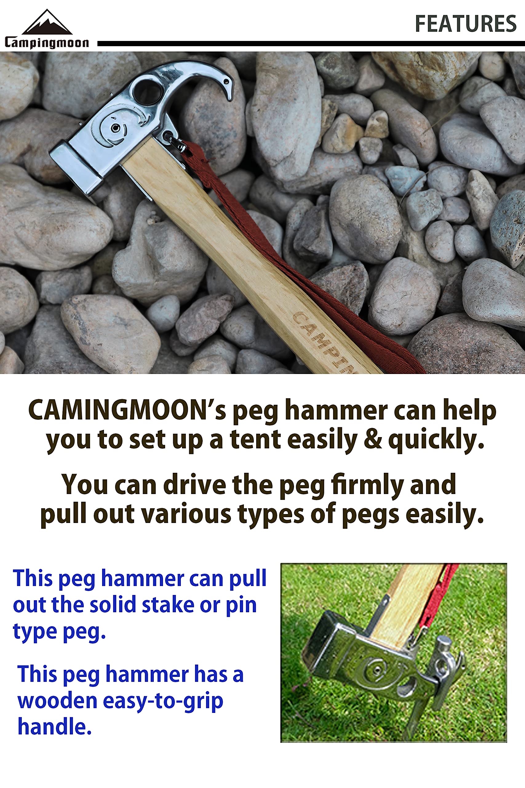 CAMPINGMOON Camping Hammer - Stainless Steel Head & Wood Handle Tent Stake Hammer with Tarp Stake Remover - Perfect for Outdoor Camping, Hiking & Backpacking Adventures