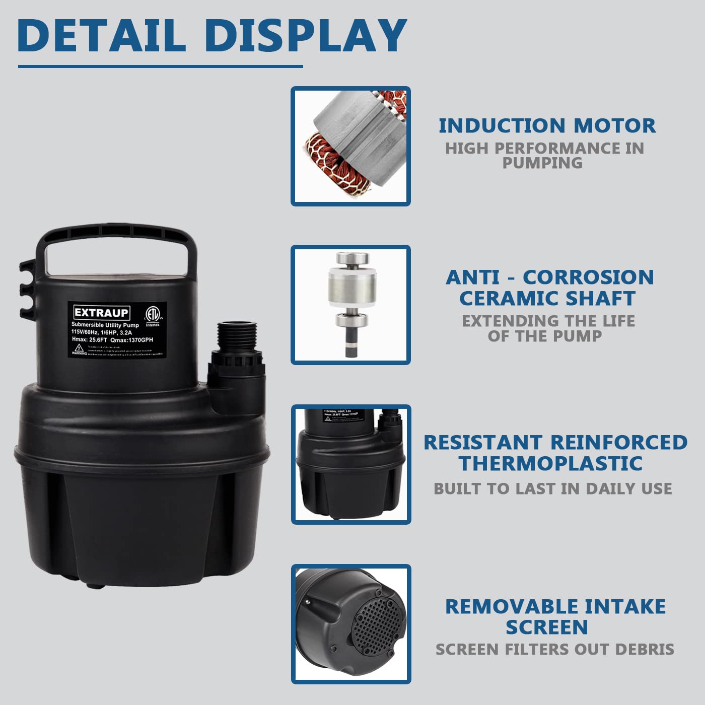 1/6 HP 1370GPH Portable Submersible Utility Pump - Low Suction Electric Water Pump for Clean Pool Cover, Basement Flood Drainage & Water Transfer - Black (Ideal for Home, Garden, and Emergency Flood Control)