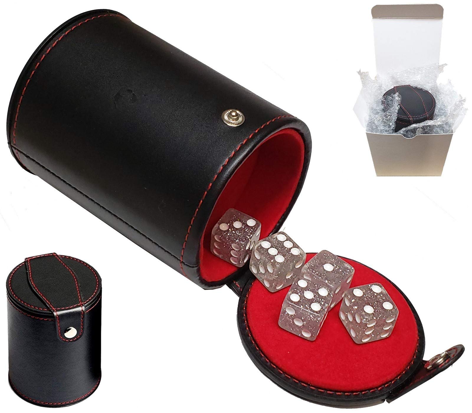 Premium Black PU Leather Dice Cup Set with Red Felt Lining - Includes 5 Transparent 16mm Glitter Dice in Gift Box - Perfect for D&D, Board Games, Casino Nights & RPG Adventures