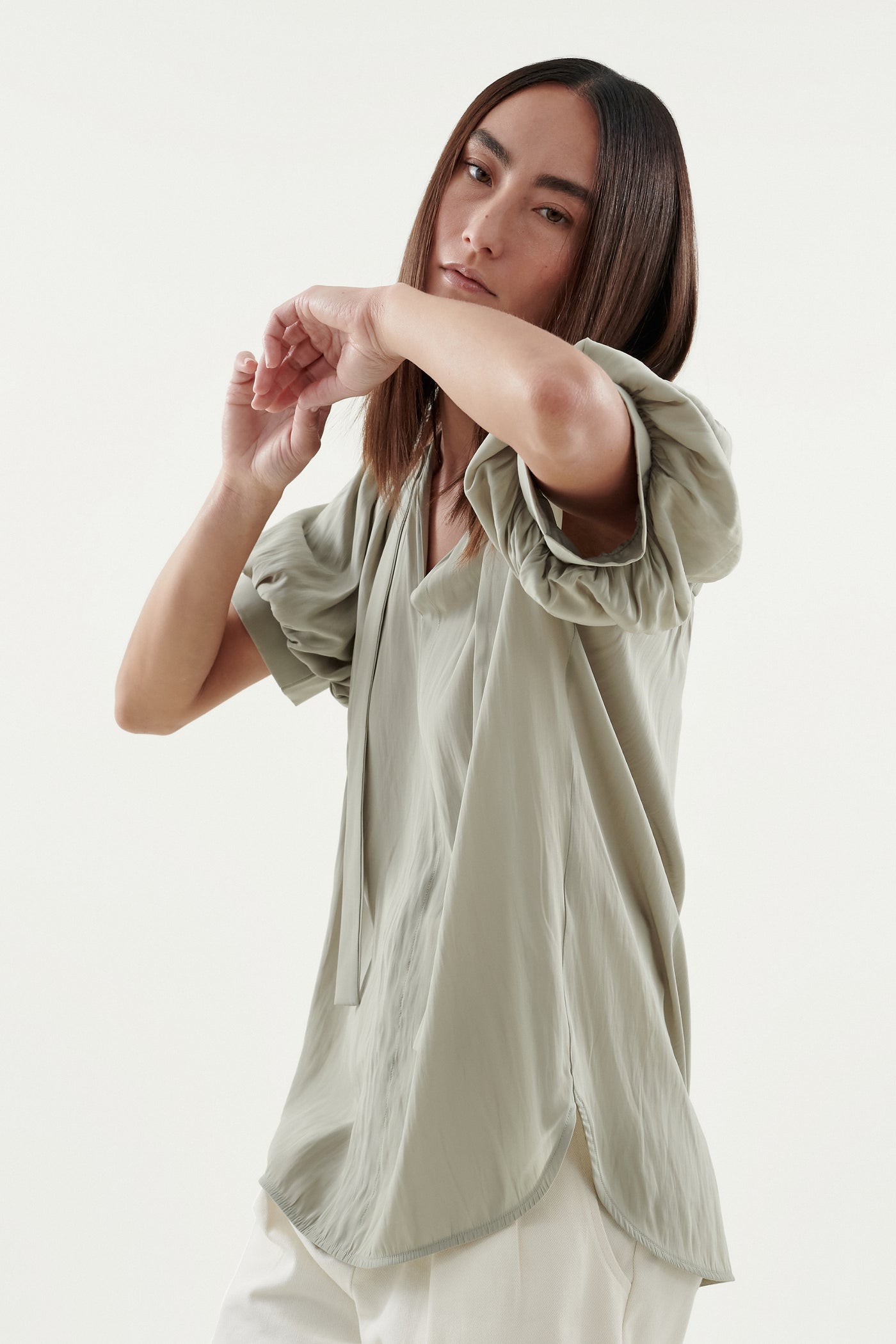 Layered Fluid Silky Puff Sleeve Tie Neck Blouse for Women - Elegant Office & Party Tops - Perfect for Work, Date Night & Special Occasions