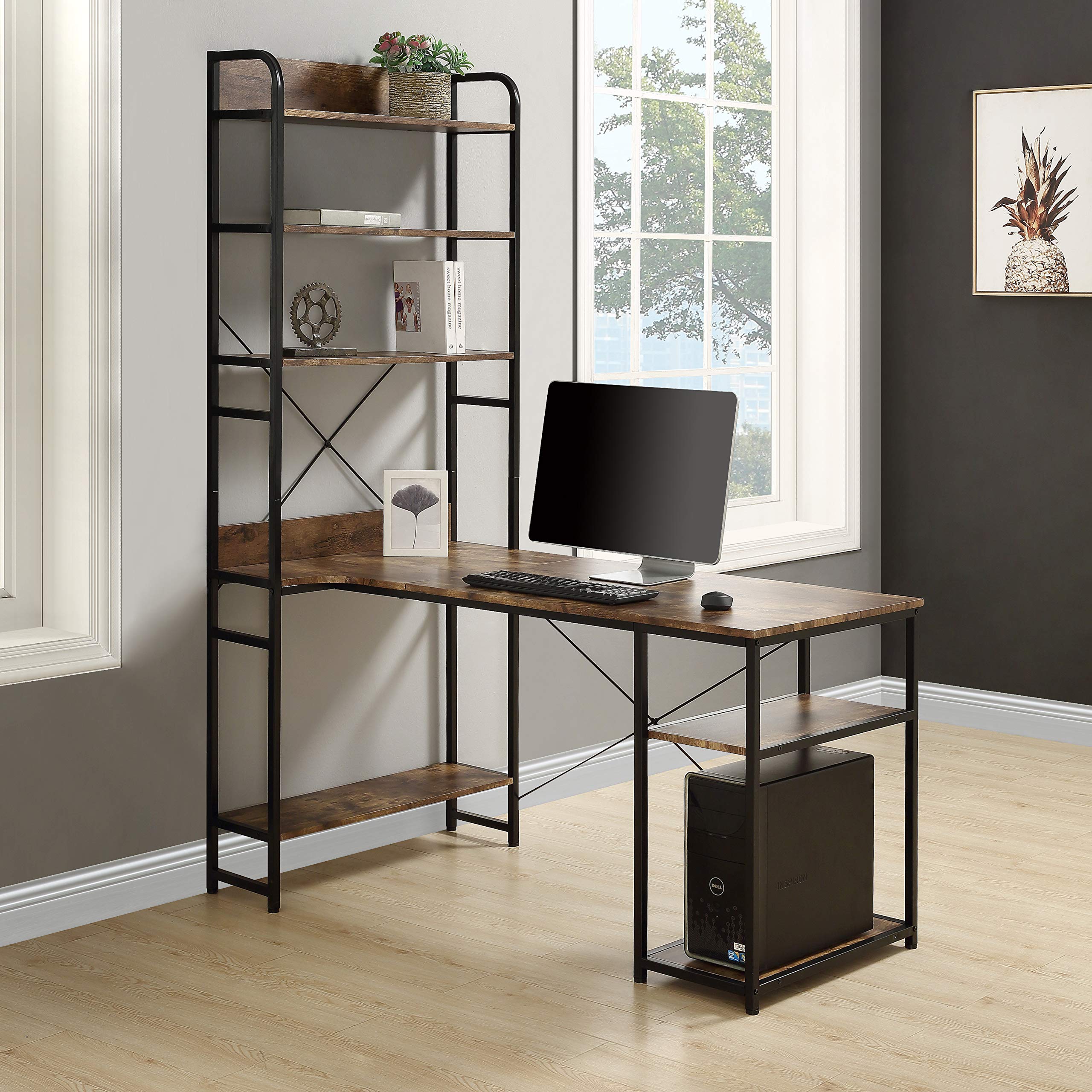 L Shaped Corner Desk with 5-Tier Bookshelf - Home Office Computer Desk, Sturdy Steel Frame & MDF Workstation for Writing, Gaming, Study - Perfect for Small Spaces, Dorm Rooms & Home Offices