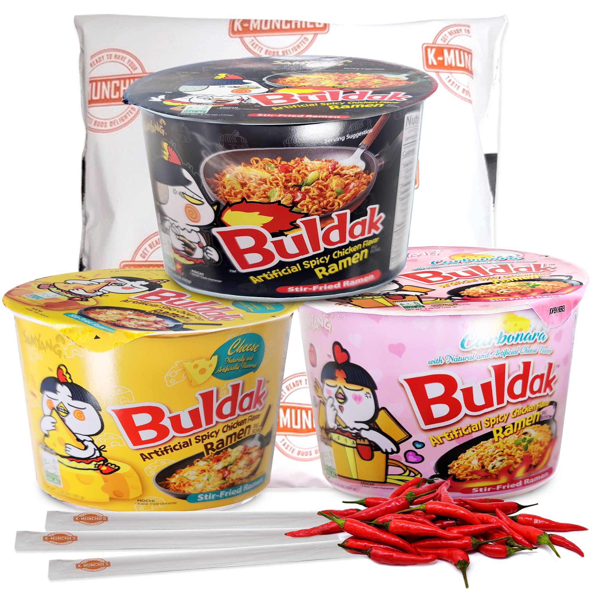 Samyang Roasted Chicken-Flavored Spicy Ramen Noodles - 3 Pack (105g Each) | Assorted Korean Instant Cup Noodles - Spicy Ramen, Spicy Chicken Cheese, Carbonara | Includes 3 Chopsticks | Perfect for Quick Meals, Late Night Snacks & Office Lunches