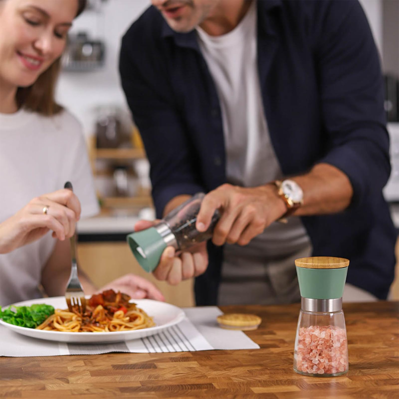 Premium Bamboo Salt and Pepper Grinder Set - Adjustable Ceramic Burr Mill for Coarse to Fine Seasoning - Refillable Manual Kitchen Shakers (Green) - Perfect for Cooking, Dining & Gourmet Gift Giving