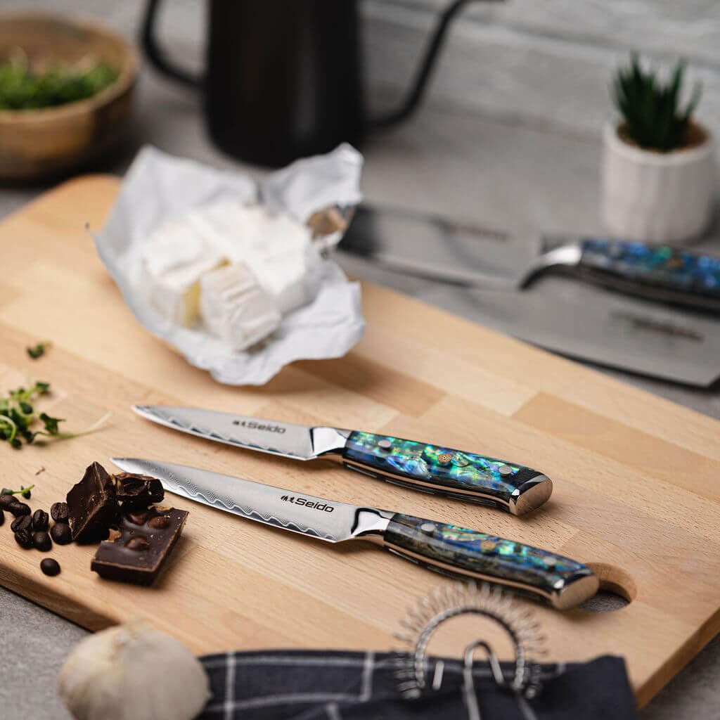 Premium Seido Awabi Damascus Chef Knife Set - Professional Japanese Stainless Steel Kitchen Knives with Abalone Shell Resin Handle, Ultra Sharp Full Tang Design for Slicing, Dicing & Chopping - Perfect for Home Chefs & Professional Kitchens