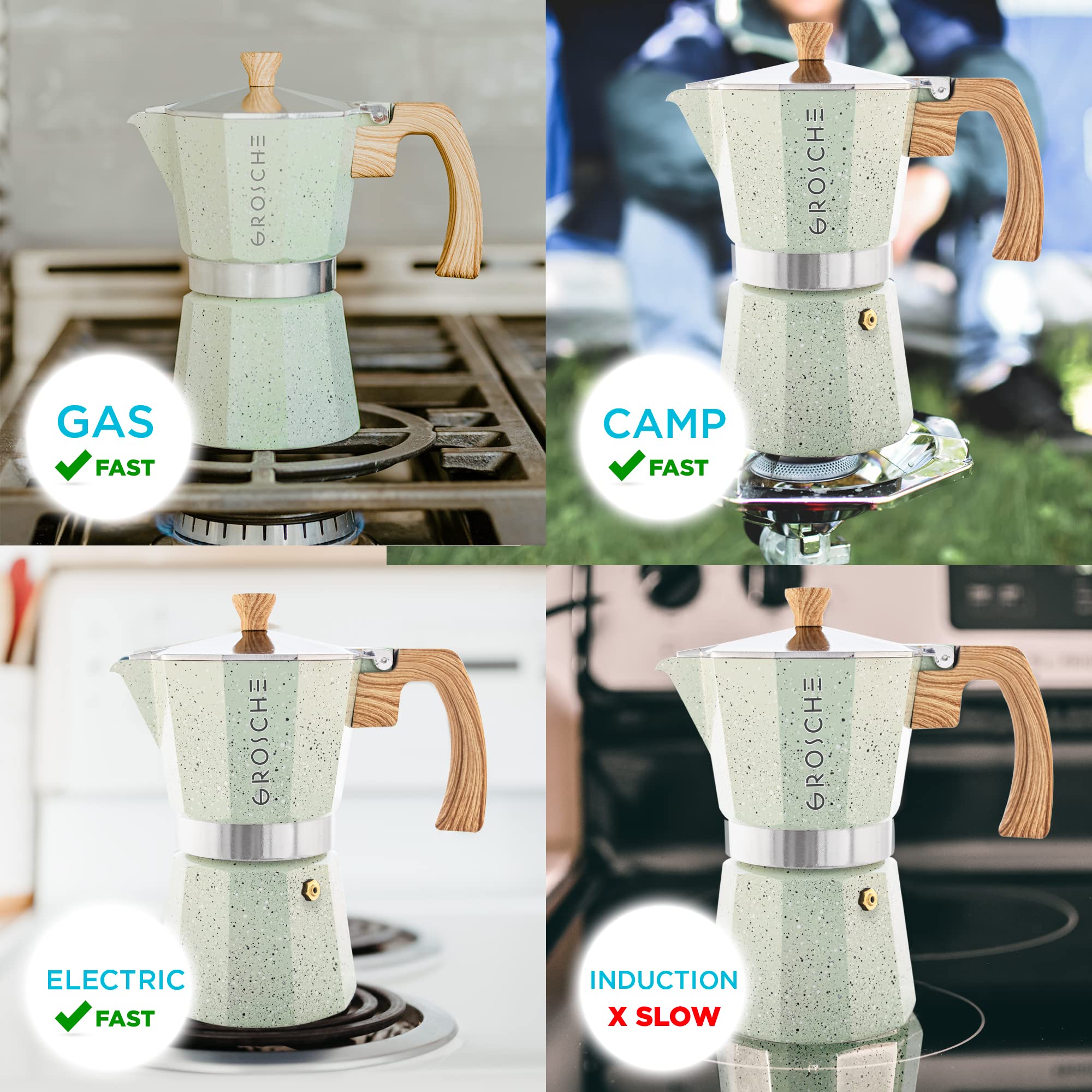 GROSCHE Milano Moka Pot - 6 Cup Stovetop Espresso Maker & Coffee Percolator in Mint Green | Perfect for Home Brewing, Camping & Italian-Style Coffee