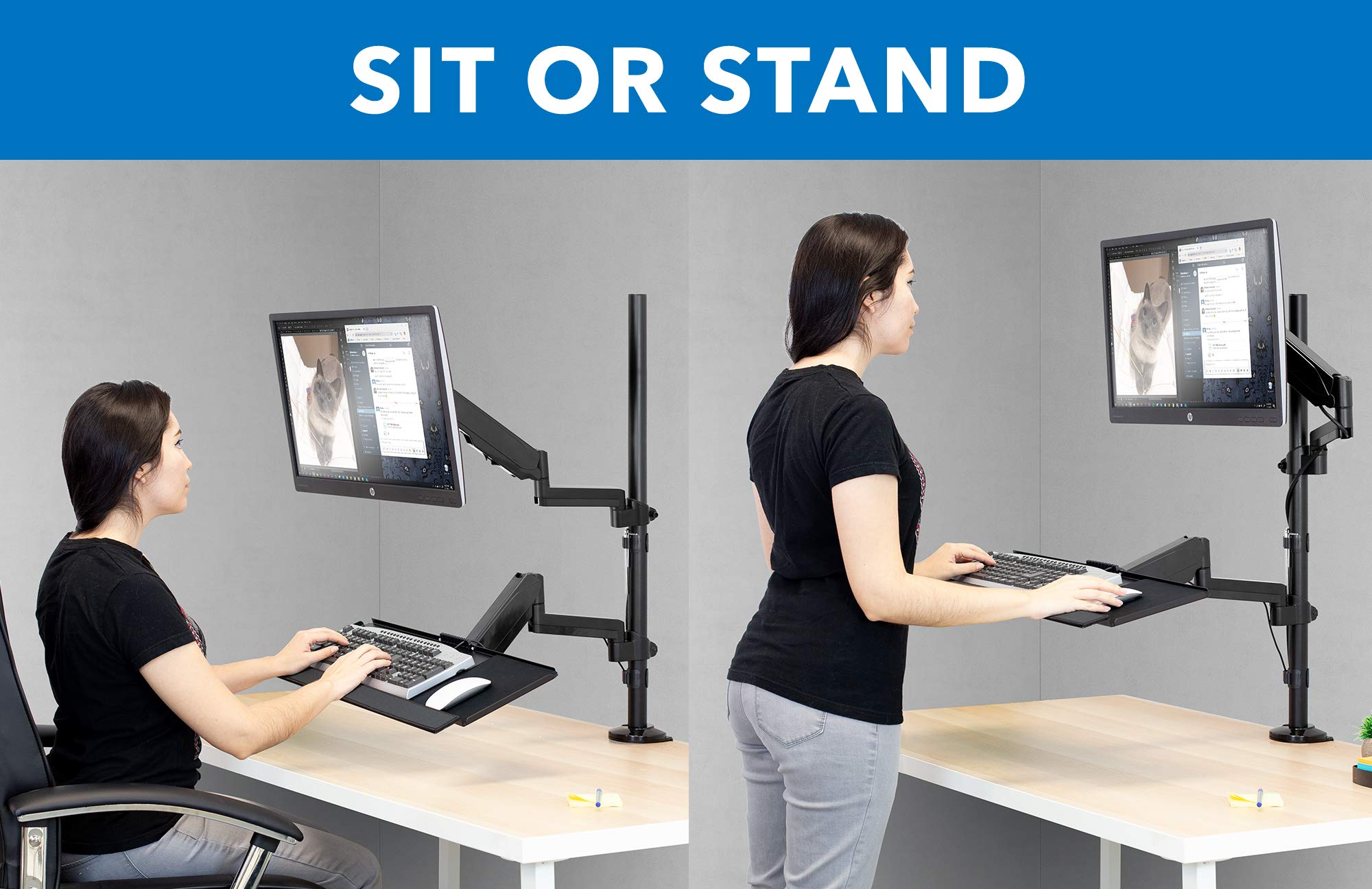 MOUNT-IT! Adjustable Standing Desk Monitor Mount for 32 Inch Screens - Full Motion Articulating Arm with Keyboard Tray & Cable Management - Ergonomic Black Workstation Solution for Home Office, Gaming & Productivity Setup