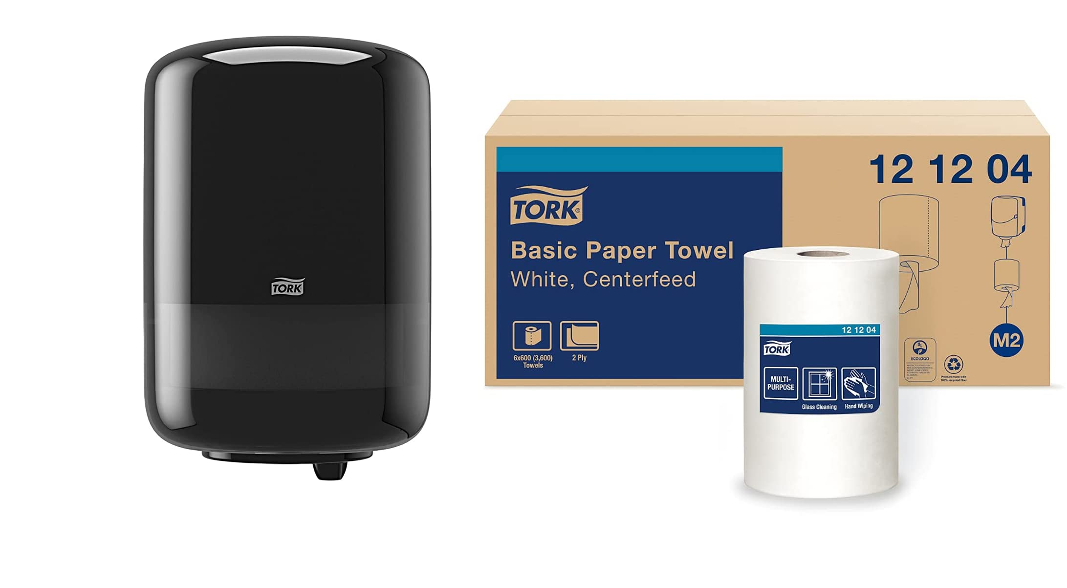 Tork Industrial Centerfeed Paper Towel Dispenser - Black (M2) with White Refill - 6 Rolls x 600 Sheets for Commercial Restrooms, Kitchens & Office Break Rooms